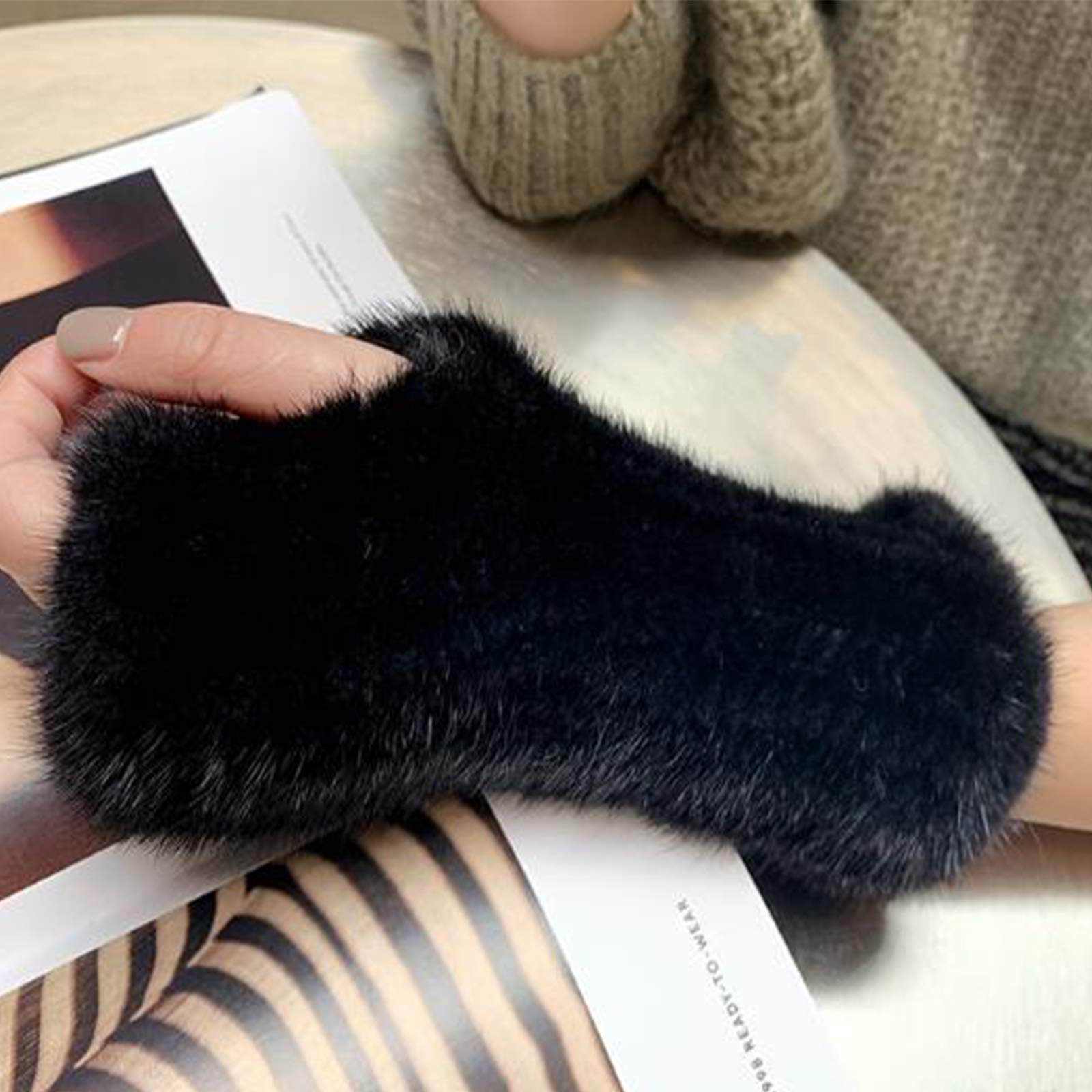 Valpeak Women's Winter Knitted Mink Fur Mittens & Fingerless Gloves - Soft Warm Arm Warmers for Cold Weather - Perfect for Snowboarding, Skiing, and Outdoor Activities