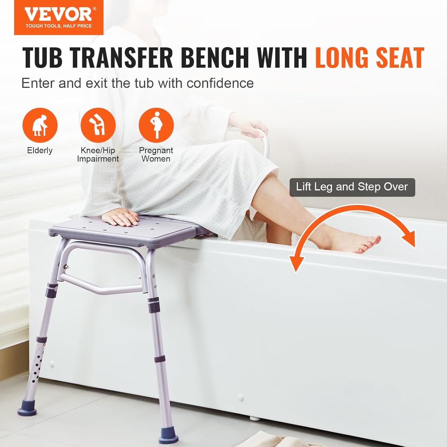 VEVOR Adjustable Shower Transfer Bench for Bathtub - Non-Slip Bath Seat with Armrest & Reversible Backrest - 400lb Capacity Shower Chair for Elderly, Disabled & Adults - Ideal for Safe Bathing, Mobility Assistance & Accessible Showering