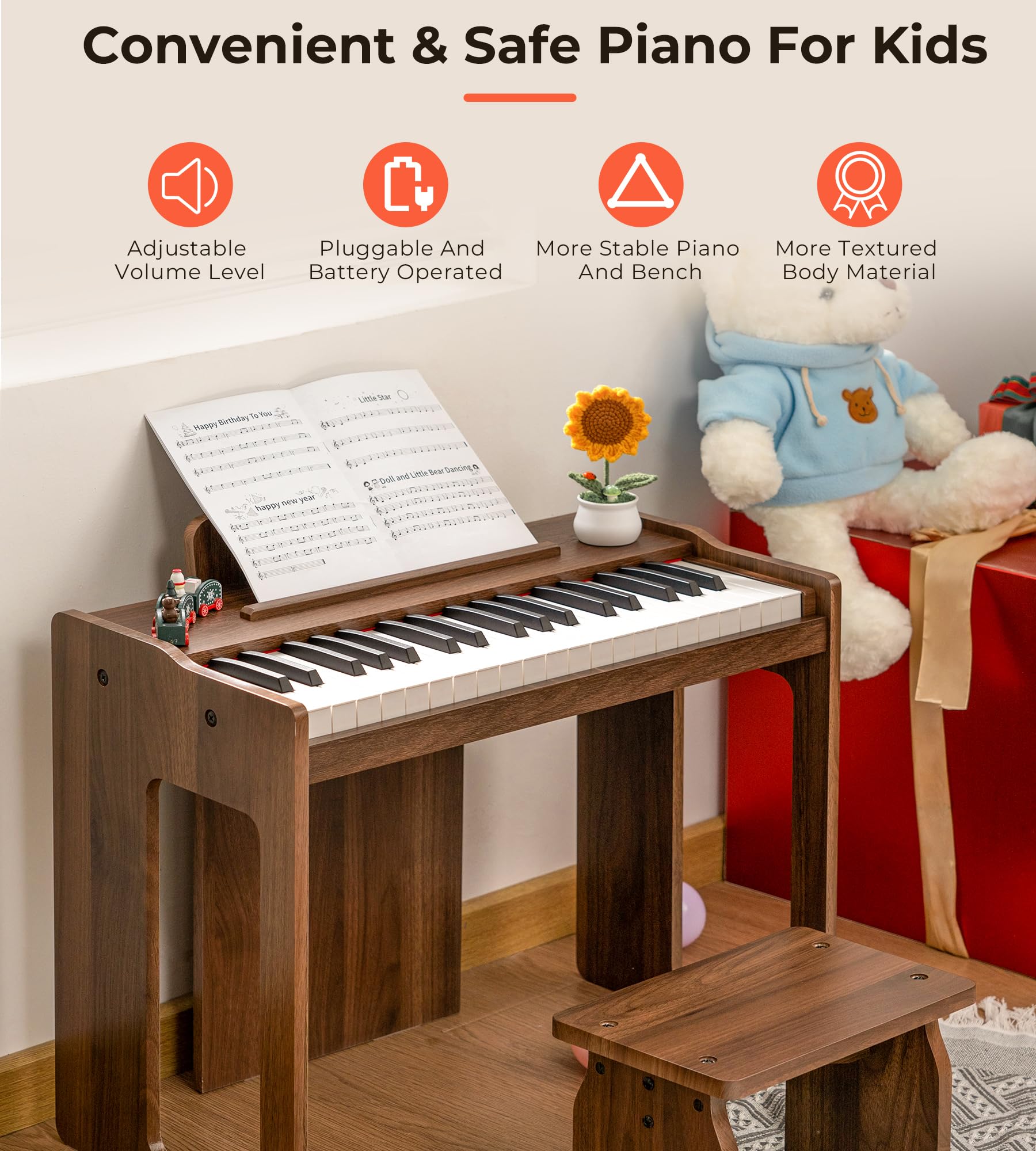 Vangoa 37-Key Kids Digital Piano Keyboard - Portable Electronic Piano for Children, Music Learning Toy with Wooden Design - Perfect for Home, School & Gift (Dark Brown)