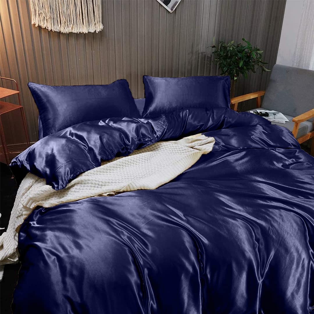 Luxury 7-Piece Silk Satin Sheet Set for Short Queen Beds - Deep Pocket Cooling Bedding - Wrinkle-Free Hotel Quality Navy Blue Duvet Cover & Pillowcases - Perfect for Hot Sleepers & Upscale Bedroom Decor