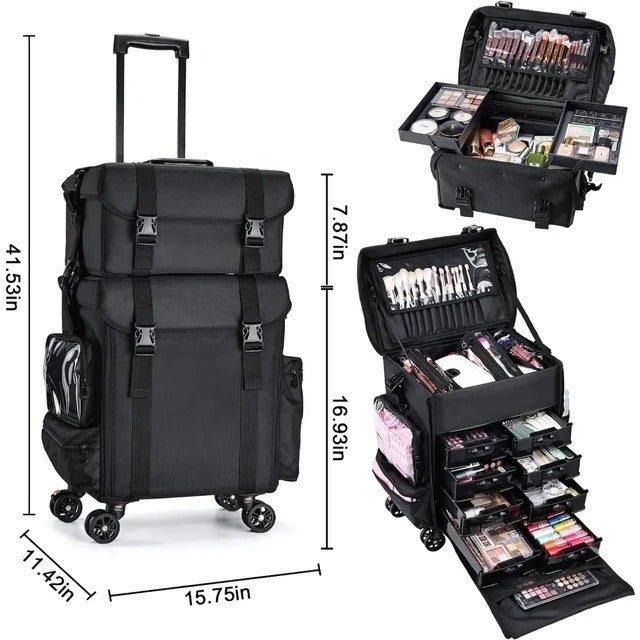 4 Lockable 360° Rolling Casters Professional Makeup Train Case - Portable Beauty Trolley for Hairstylists, Nail Technicians & Cosmetologists | Perfect for Salon, Spa & Mobile Beauty Services