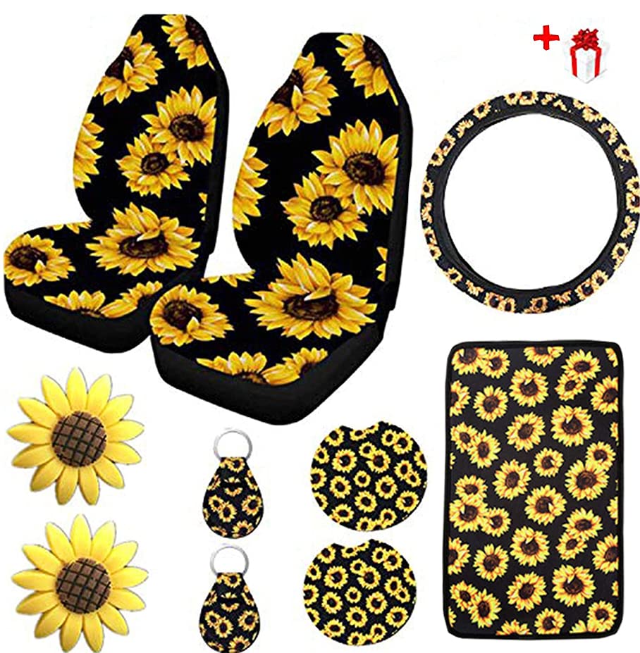 10PCS Sunflower Car Wheel Covers, 2PCS Sunflower Seat Covers, Sunflower Center Console Pad & Cup Coasters - Vibrant Sunflower-Themed Car Accessories Set with Keyring & Vent Clip - Perfect Gift for Women Who Love Floral Car Decor