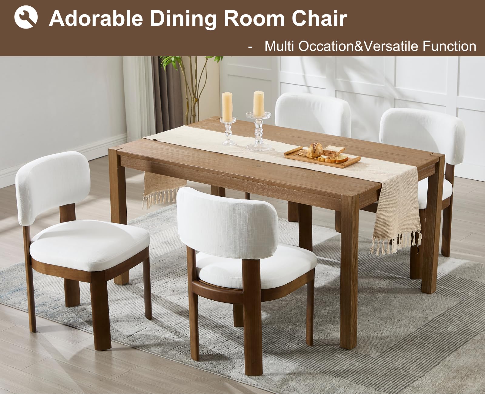 Beige Upholstered Dining Chairs Set of 2 - Mid Century Modern Wooden Kitchen Chairs with Linen Fabric, Farmhouse Style Armless Accent Chairs for Dining Room, Living Room & Home Decor - Perfect for Small Spaces and Cozy Gatherings