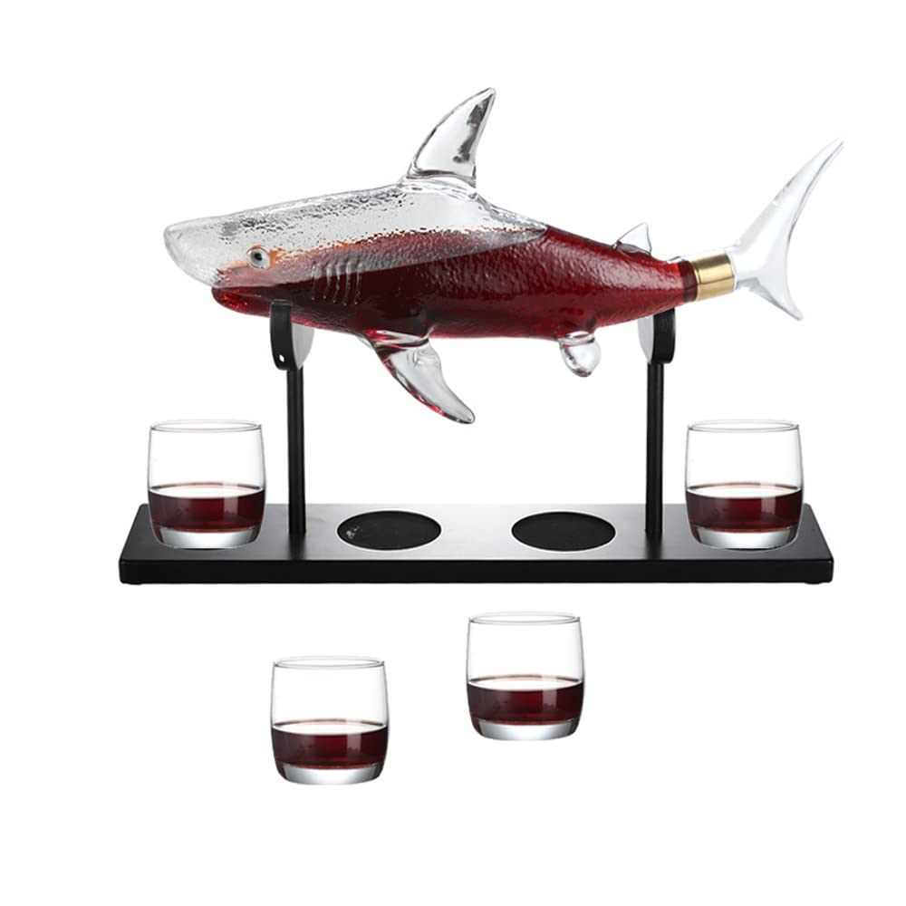 Premium Whiskey Decanter Set with 4 Glasses & Wood Stand - 1000ml Shark Design Glass Liquor Decanter for Whiskey, Scotch, Bourbon, Vodka - Elegant Home Bar Accessories & Perfect Gift for Wine Lovers - Ideal for Dinner Parties, Anniversary Celebrations & Man Cave Decor