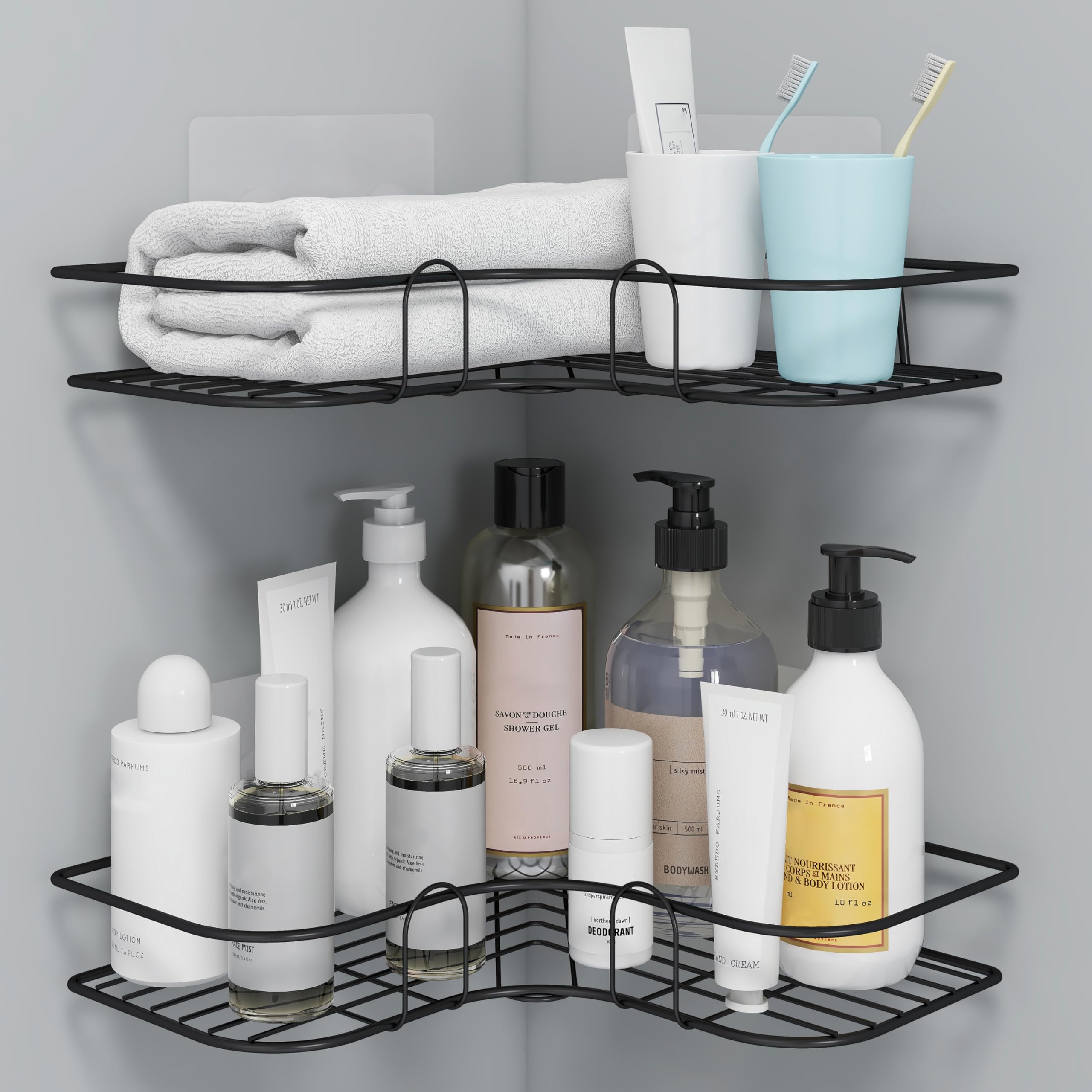 Plantex Self-Adhesive Corner Shelf for Bathroom & Kitchen - No Drill Bathroom Organizer with Strong Magic Sticker - Space Saving Wall Shelf for Shower, Vanity, Pantry (Black, Pack of 2) - Perfect for Small Bathrooms, Apartments & RVs