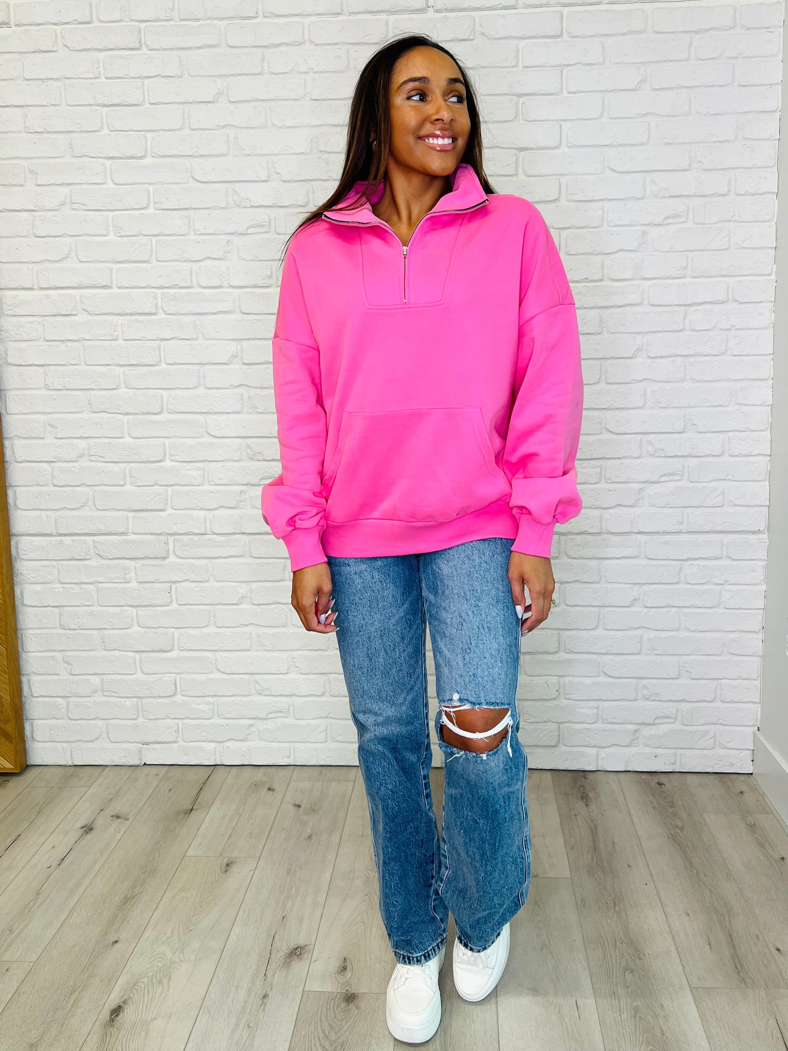 Bonbon Delight Women's Half Zip Pullover Sweatshirt - Soft Pink Fleece Loungewear for Casual Outings & Cozy Evenings
