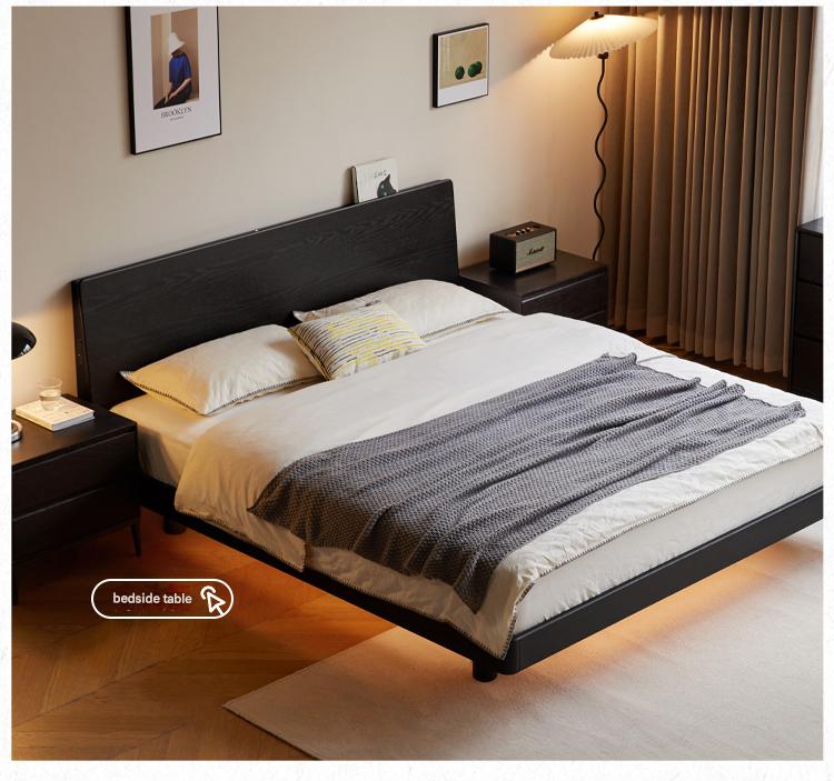 Solid Oak Wood Luminous Floating Bed Frame - Modern Platform Bed with LED Lighting for Bedroom, Guest Room or Dorm