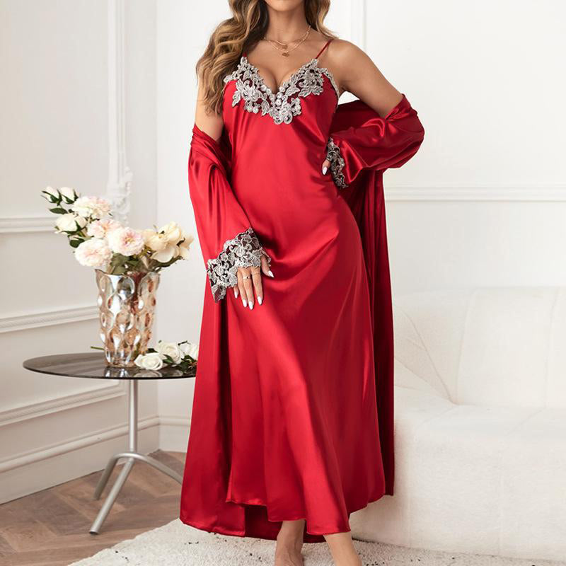 Elegant Embroidered Lace 2-Piece Cami Dress Set - Long Loungewear for Women | Perfect for Sleepwear, Home Wear & Casual Outings