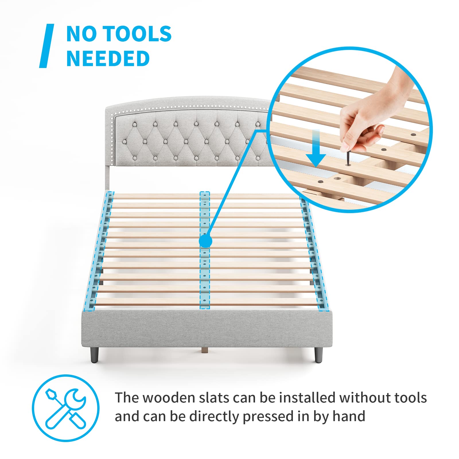 BALUS King Size Platform Bed Frame with Headboard & Button Trim - No Box Spring Needed, Easy Assembly - Light Grey - Perfect for Modern Bedrooms & Guest Rooms