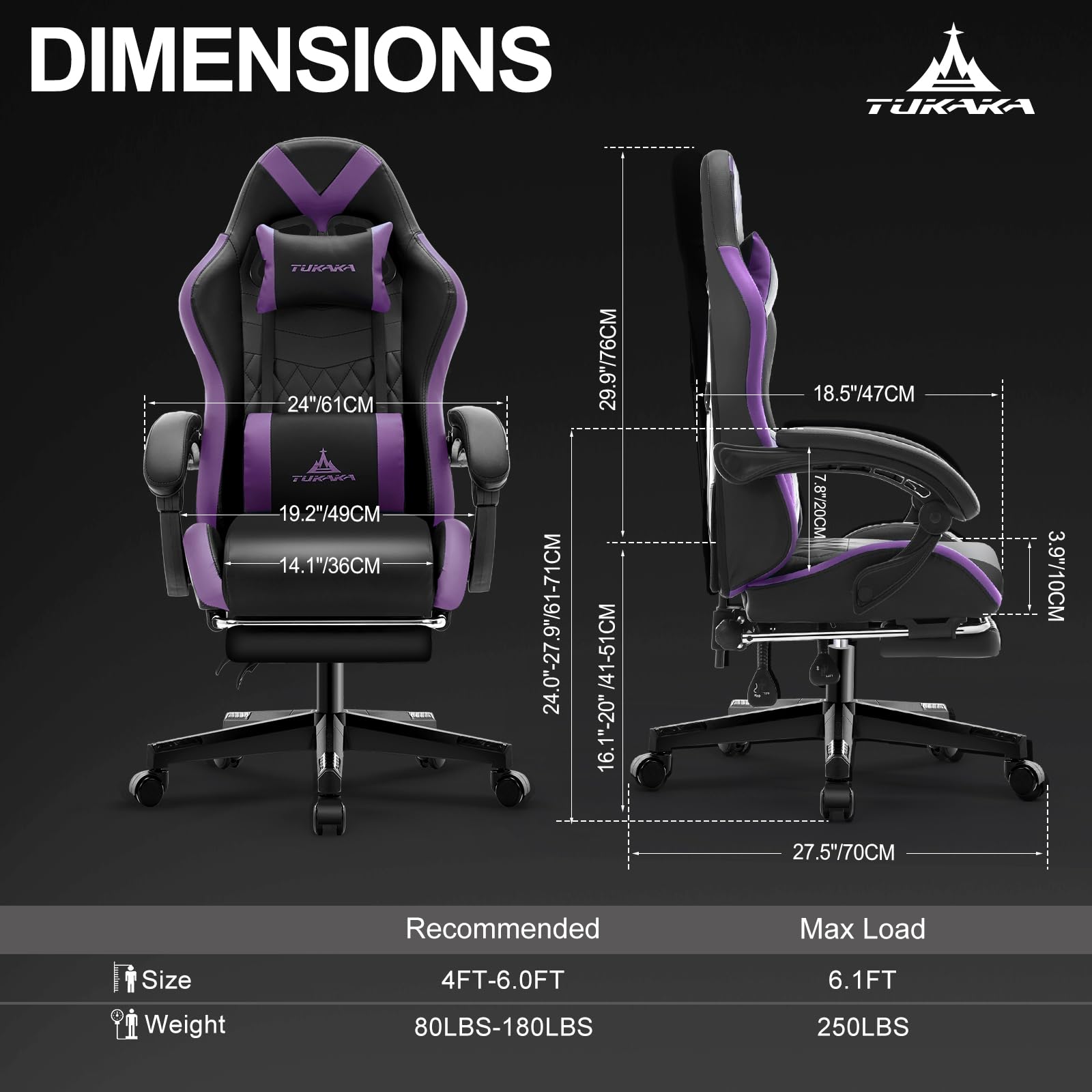 Premium Ergonomic Gaming Chair with Massage & Footrest - Adjustable Reclining Office Desk Chair with Lumbar Support & Headrest - Purple Gamer Chair for PC, Console & Home Theater Use