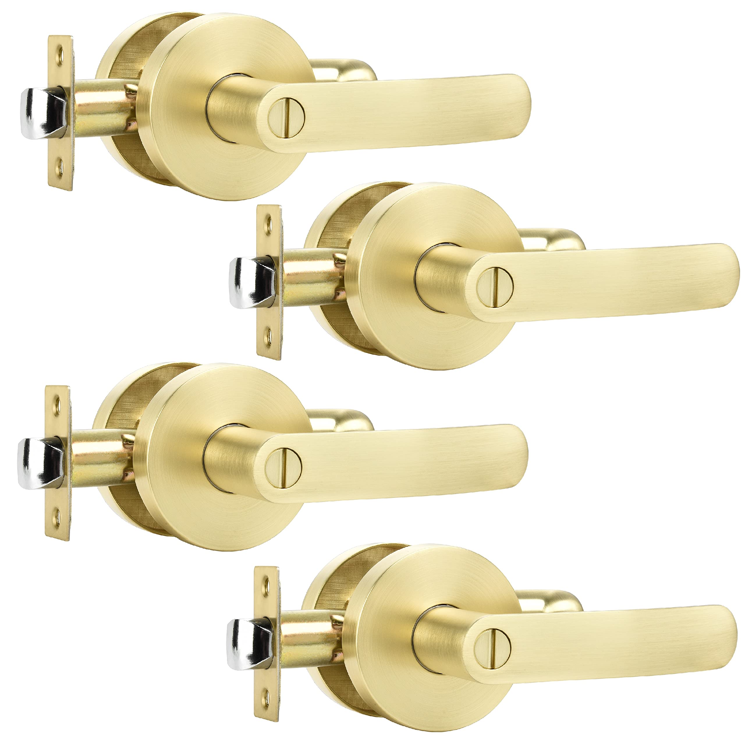 Keyless Door Knob 4 Pack - Light Satin Brass Finish for Bathroom & Interior Doors