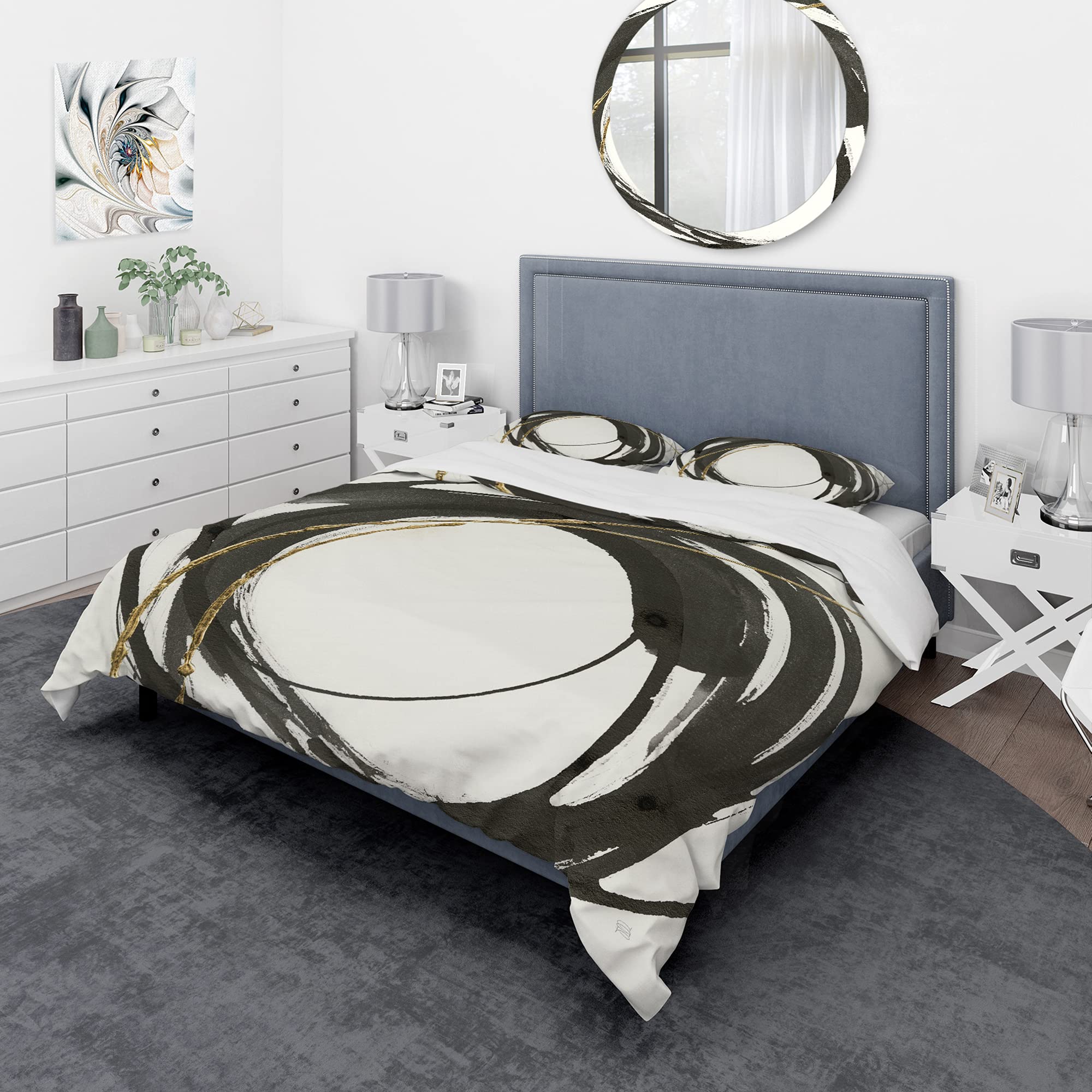 DesignQ Gold Glamour Circle Modern Contemporary King Duvet Cover Set - 3 Piece Abstract Bedding in Black | All Season Luxury Bedroom Decor for Master Bedroom & Guest Room