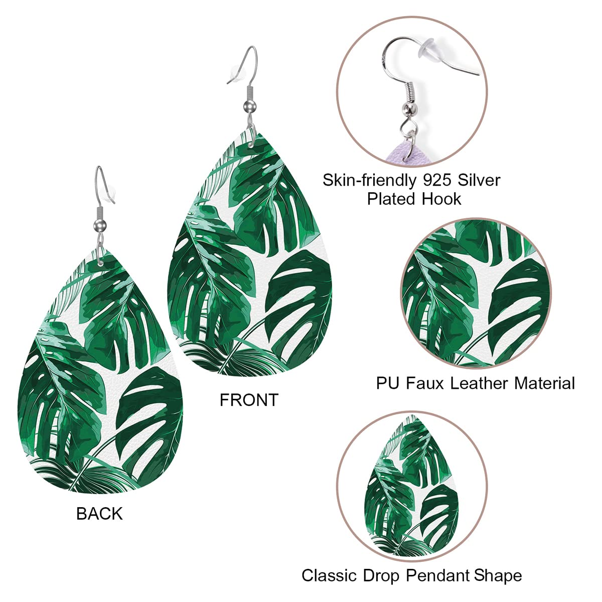 Zokola Tropical Palm Leaf Faux Leather Dangle Earrings for Women - Stylish Jungle-Themed Teardrop Charm Party Jewelry (Green) | Perfect for Beach Vacations, Summer Festivals & Boho Fashion