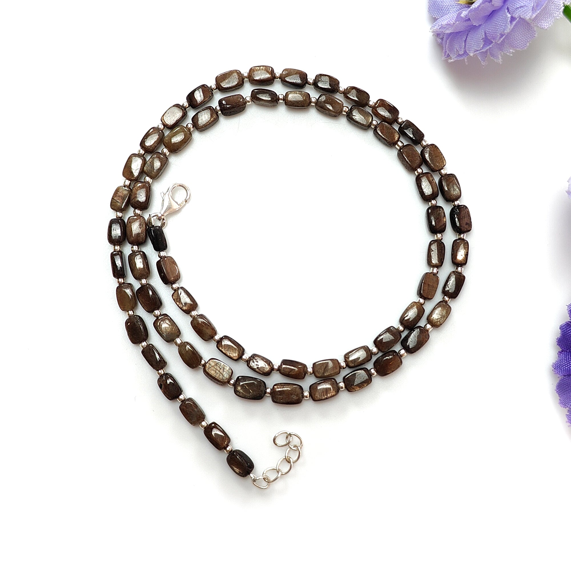 Golden Brown Chocolate Sapphire Gemstone Beads Necklace - 925 Sterling Silver Jewelry with Natural Cushion Cut Sapphires (5x3mm & 6x4mm) - 14.26g Elegant Handmade Necklace for Women, Perfect for Weddings, Parties & Special Occasions