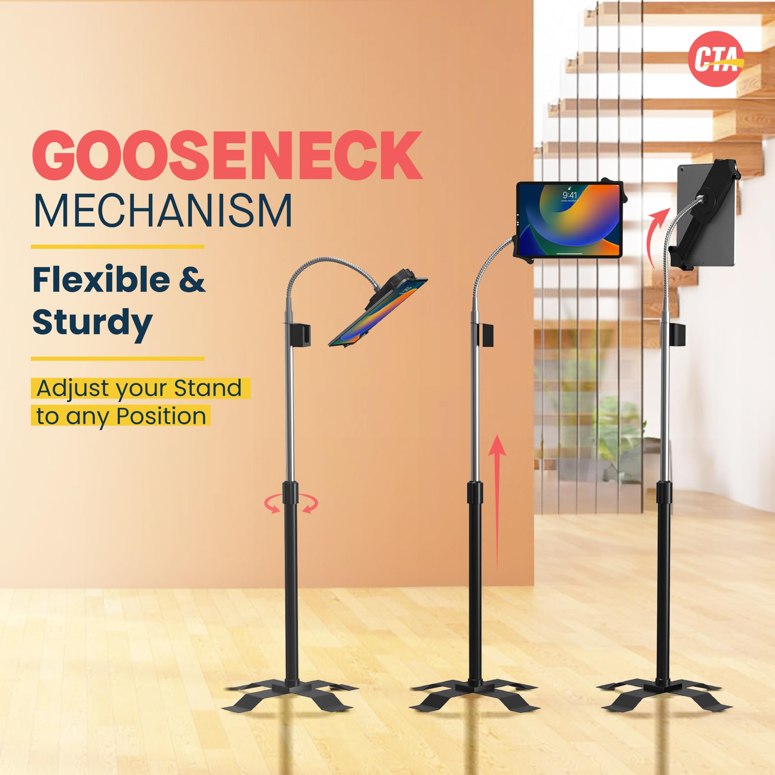 Adjustable Gooseneck Floor Stand for iPad 2/3 - CTA Digital PAD-AFS - Perfect for Home Office, Classroom & Hands-Free Viewing