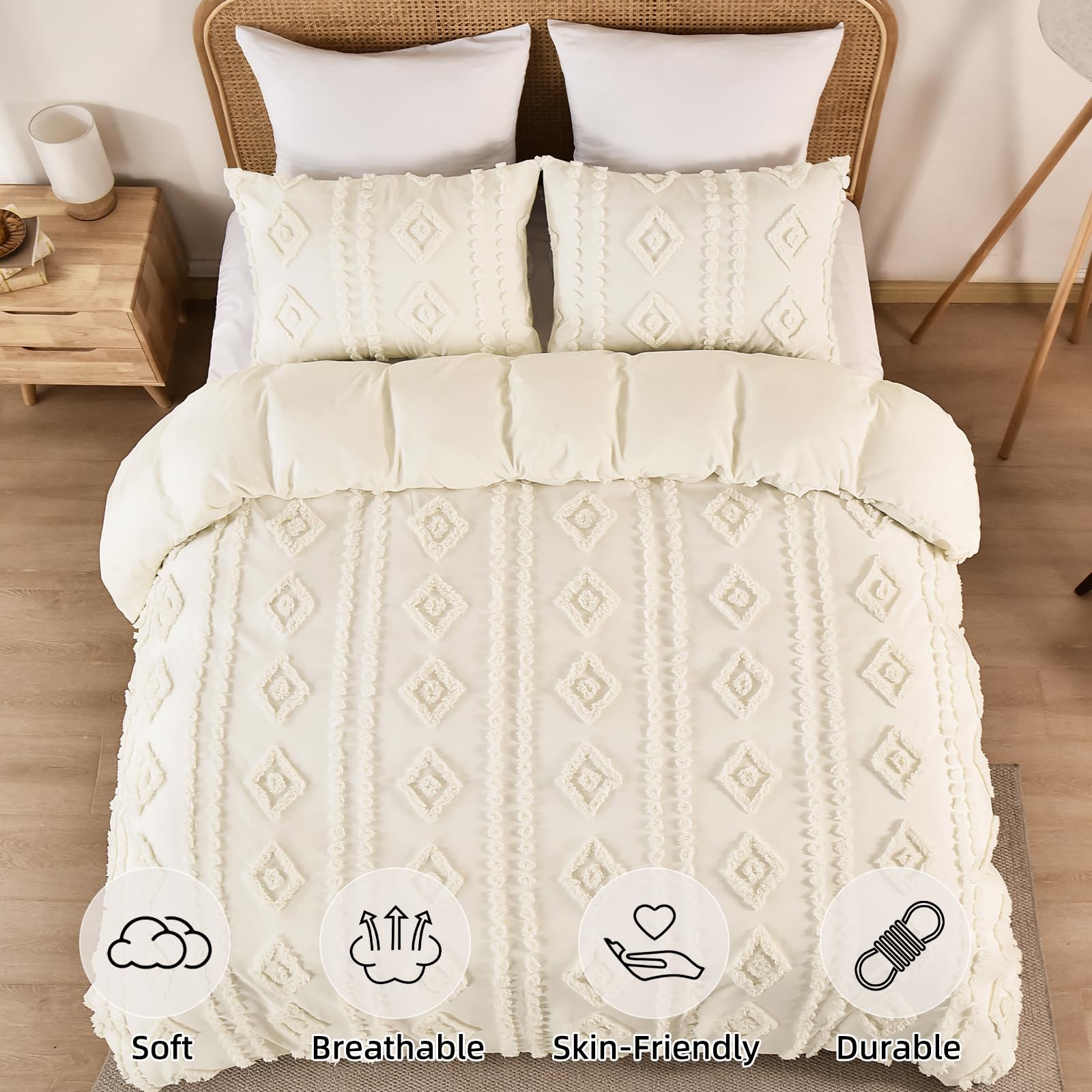 PHF Boho Duvet Cover King Size - Soft Tufted 3-Piece Bedding Set with 2 Pillowcases, Textured Shabby Chic Design for All Seasons, Snow White 104