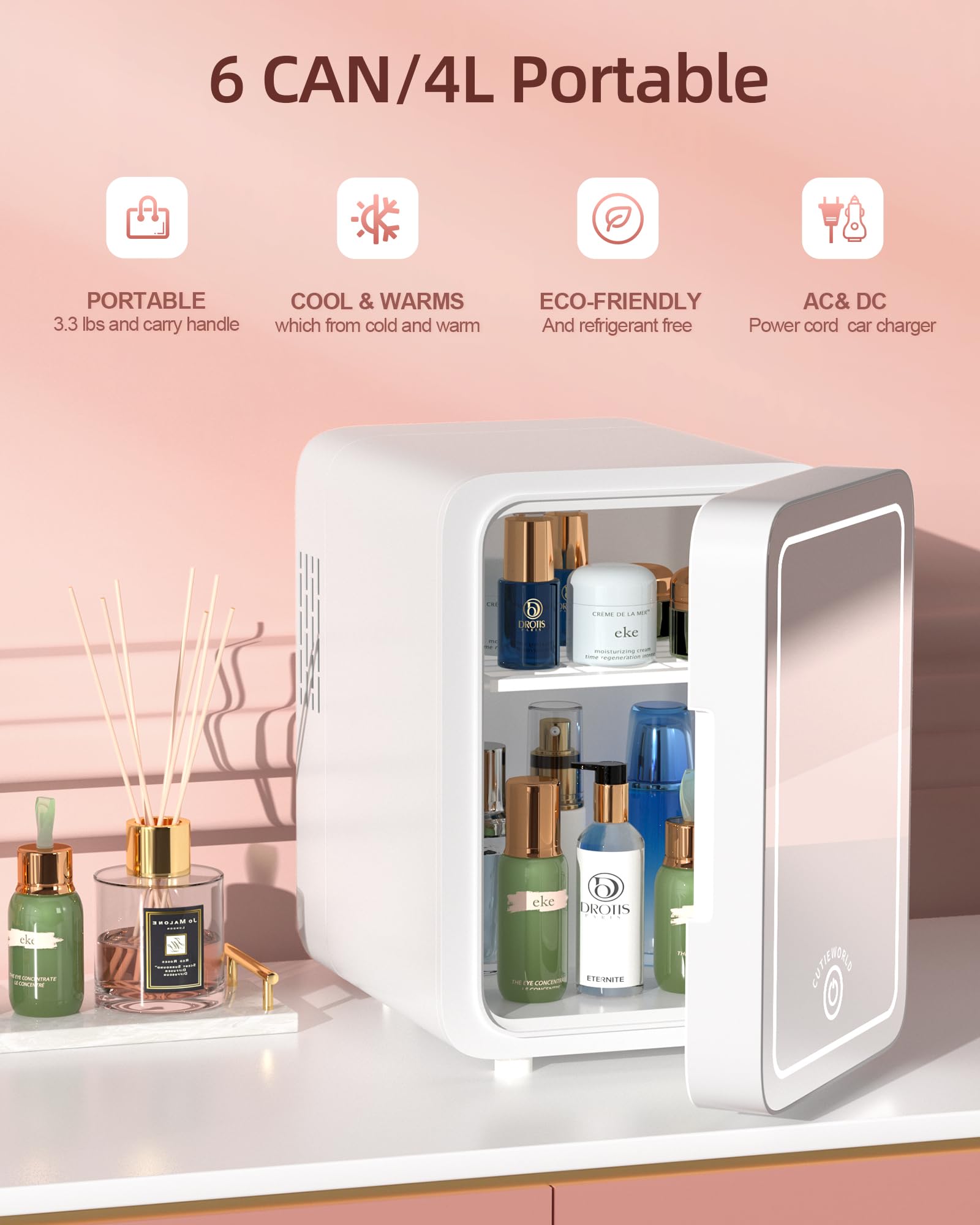 Mini Skincare Fridge with Dimmable LED Light Mirror - 4L Portable Cosmetic Cooler & Warmer for Makeup, Perfumes, Face Masks & Snacks - Perfect for Bedroom, Office, Dorm & Car Travel - Compact White Beauty Refrigerator for Skincare Routine & Food Storage