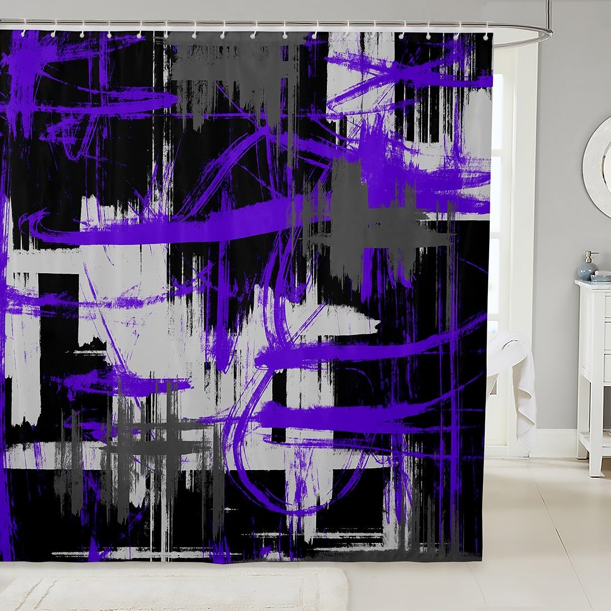 Feelyou Purple Black Grey Shower Curtain 72x72 Inches - Waterproof Abstract Art Bath Curtain Set with Geometric Patterns for Kids Bathroom | Modern Striped Design for Nursery, Guest Bath & Apartment Decor
