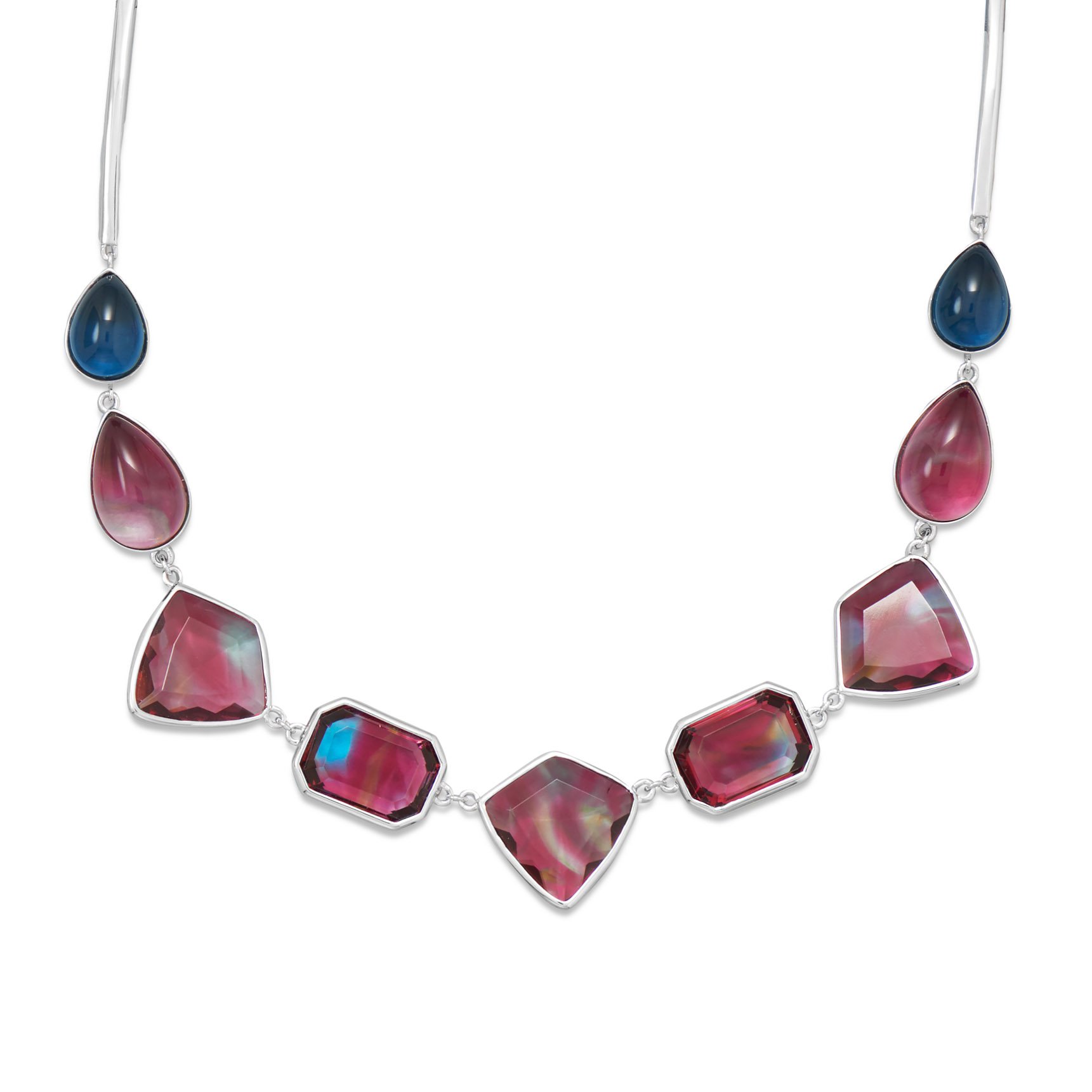 Red and Blue Glass Stone Necklace in Rhodium-Plated Sterling Silver | Hypoallergenic & Tarnish-Resistant Jewelry for Women | Perfect for Parties, Weddings & Everyday Wear