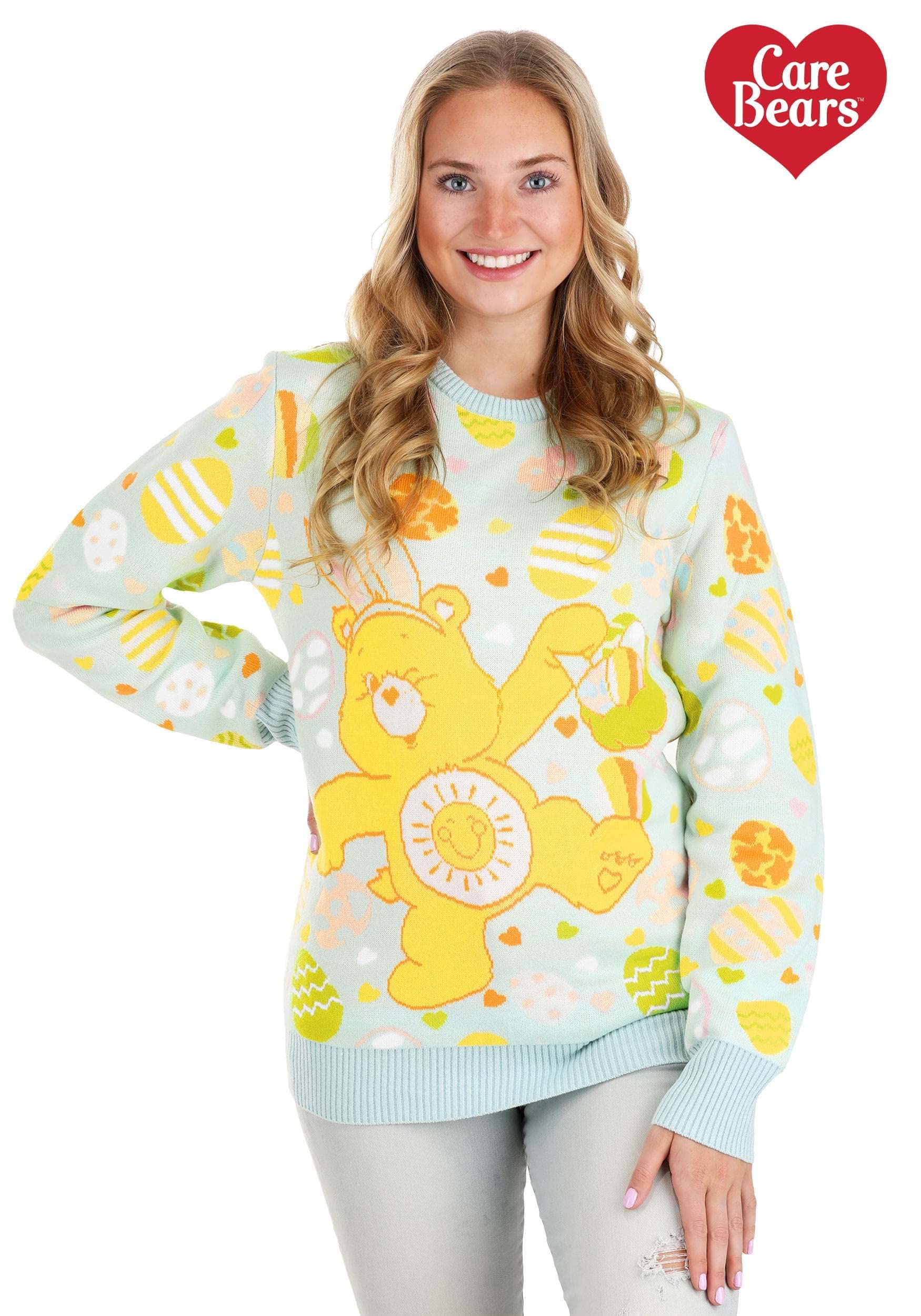 Officially Licensed Adult Care Bears Easter Egg Hunt Pullover Sweater - Funshine Bear Ugly Christmas Sweater for Men & Women | Holiday Party, Gift Exchange, Themed Events
