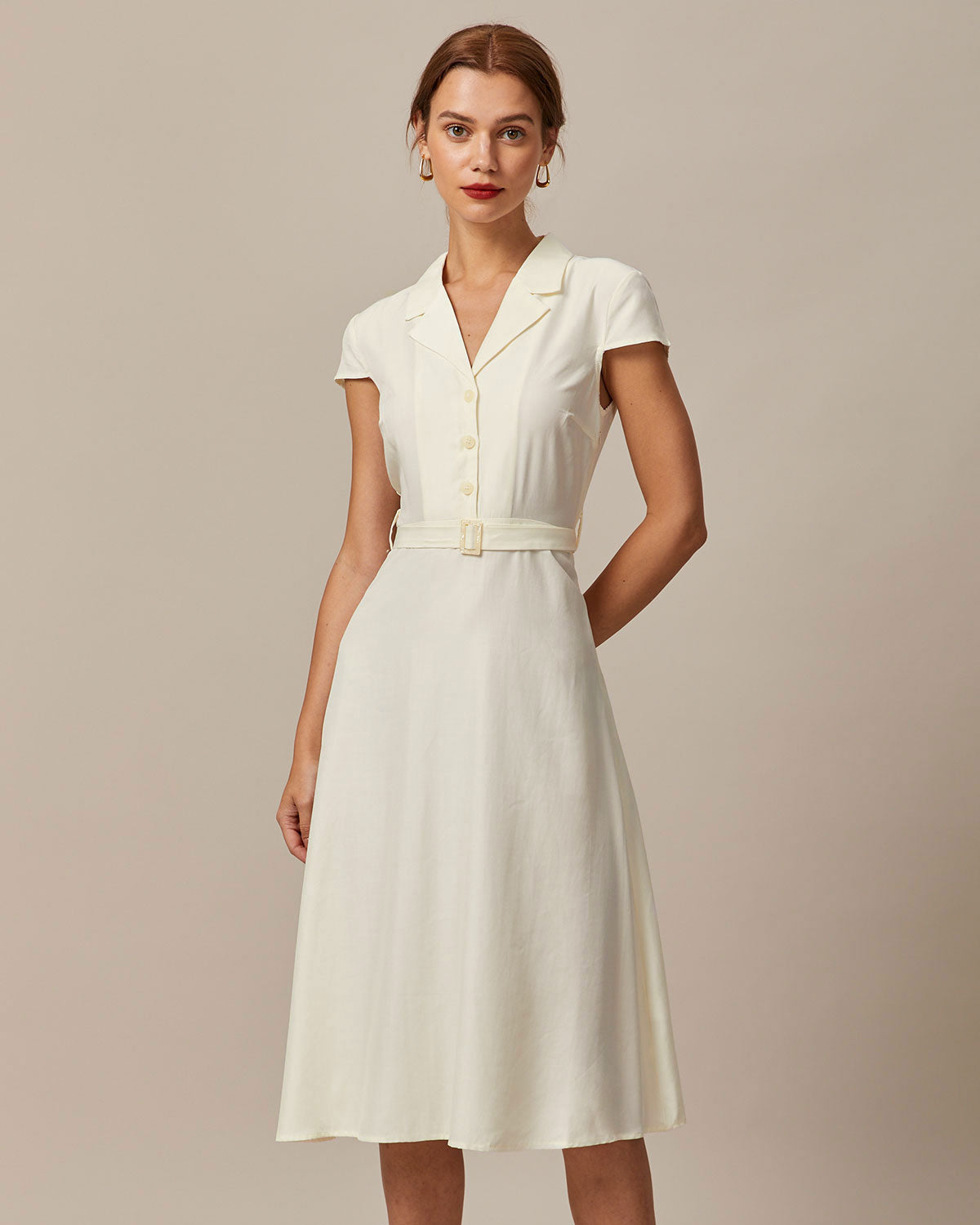 Beige Lapel Cap Sleeve Midi Dress for Women - Elegant Office & Party Wear - Perfect for Work, Cocktail Events & Date Nights
