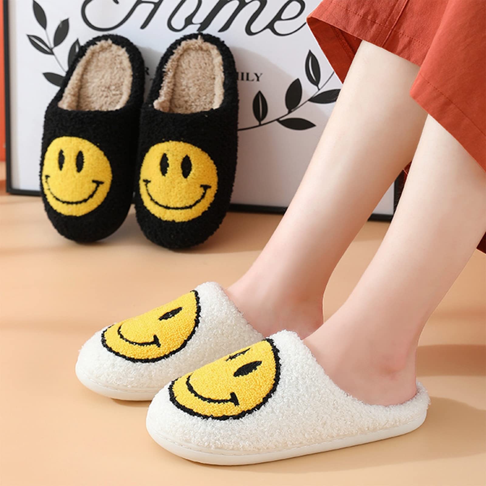 Women's Smile Face Slippers - Soft Plush Retro Preppy Happy Face Slip-On Slippers for Indoor & Outdoor Use | Cozy House Shoes for Relaxing at Home, Lounging, or Quick Errands