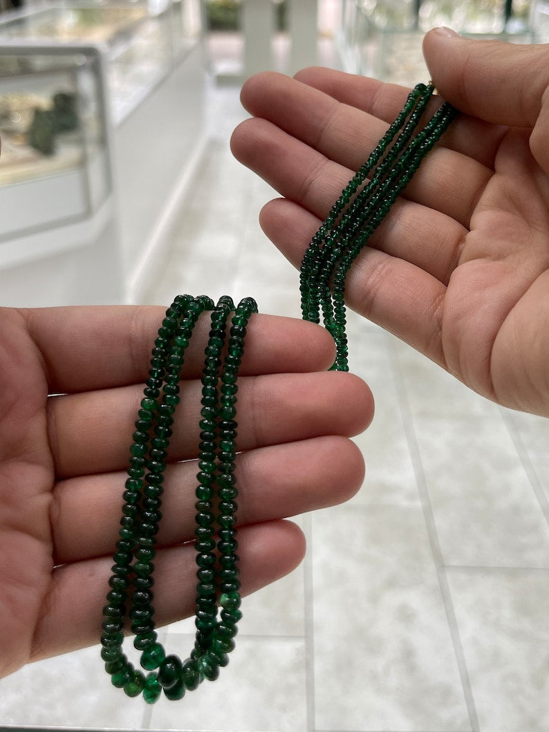 85+ Carat 14K Gold 22 Inch Dark Green Rondelle Emerald Bead 2 Strand Necklace for Women - Elegant Statement Jewelry for Parties, Weddings & Special Occasions
