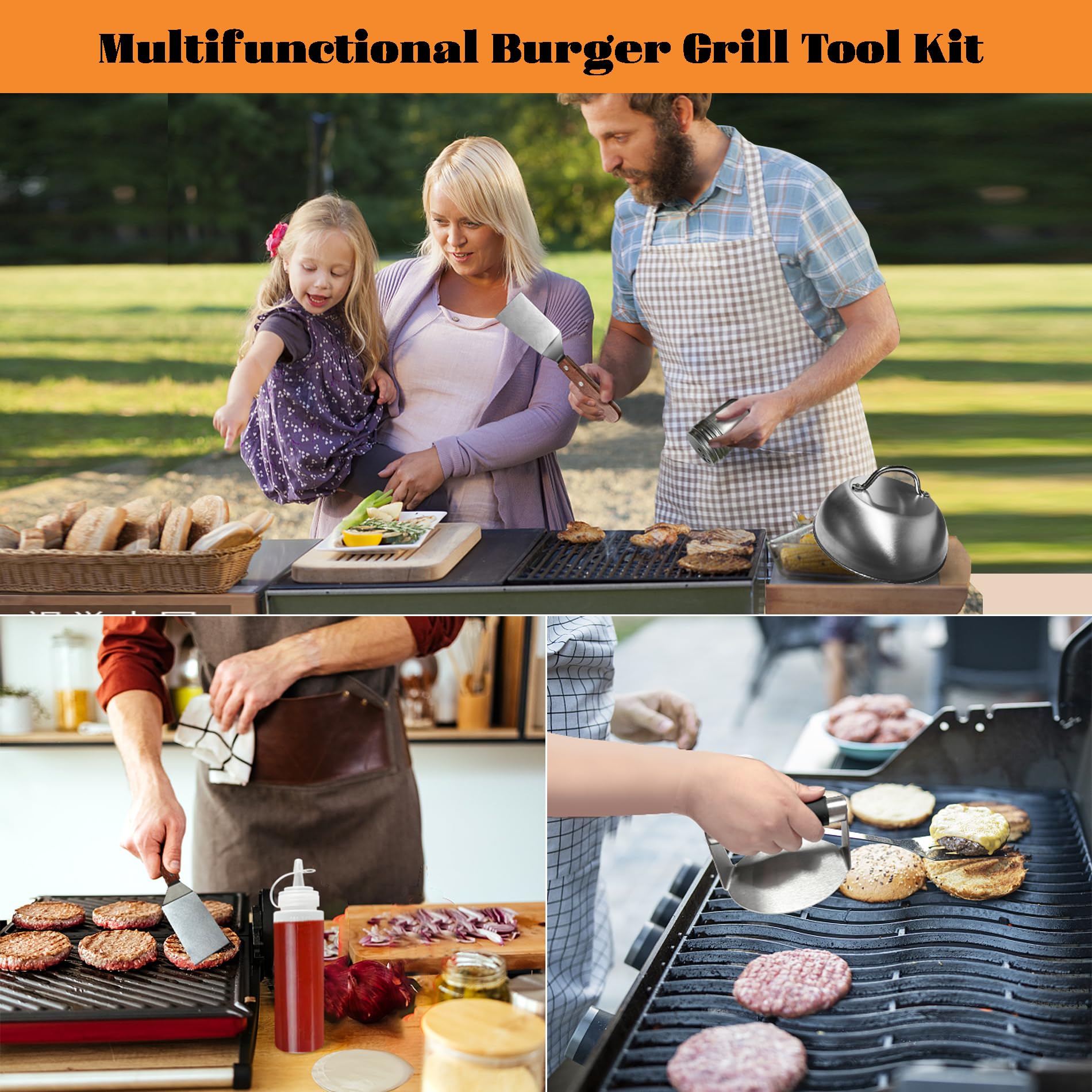Premium Stainless Steel Burger Press Set - Smash Burger Maker with Metal Spatulas, Burger Dome, Wax Disc Papers & Squeeze Bottles - Perfect for BBQ, Grilling & Restaurant-Style Burgers at Home