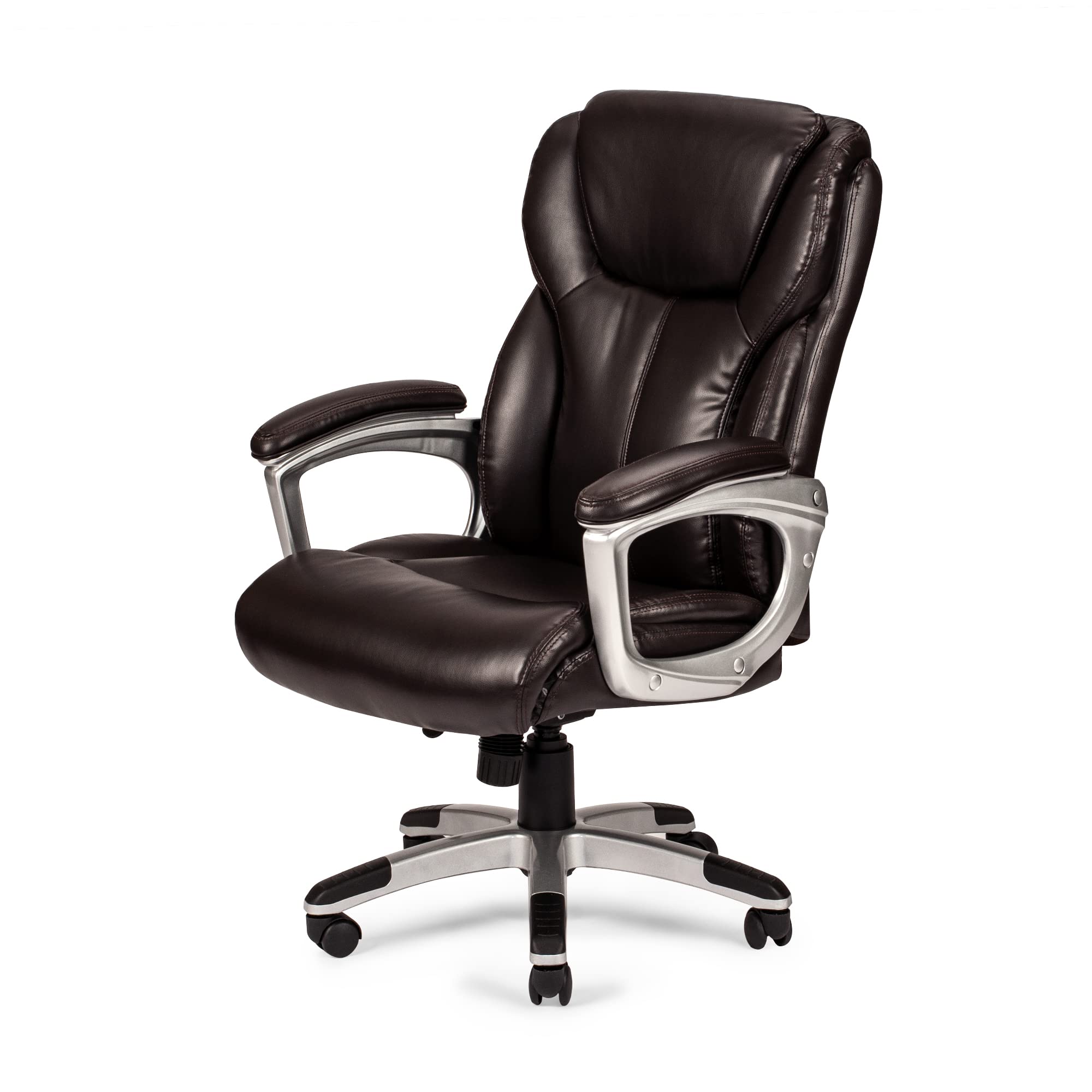 Poundex Blake Ergonomic Office Chair - Adjustable Height, Brown Leather Executive Desk Chair for Home & Office Workspace - Perfect for Long Hours Sitting, Computer Work, and Video Conferencing