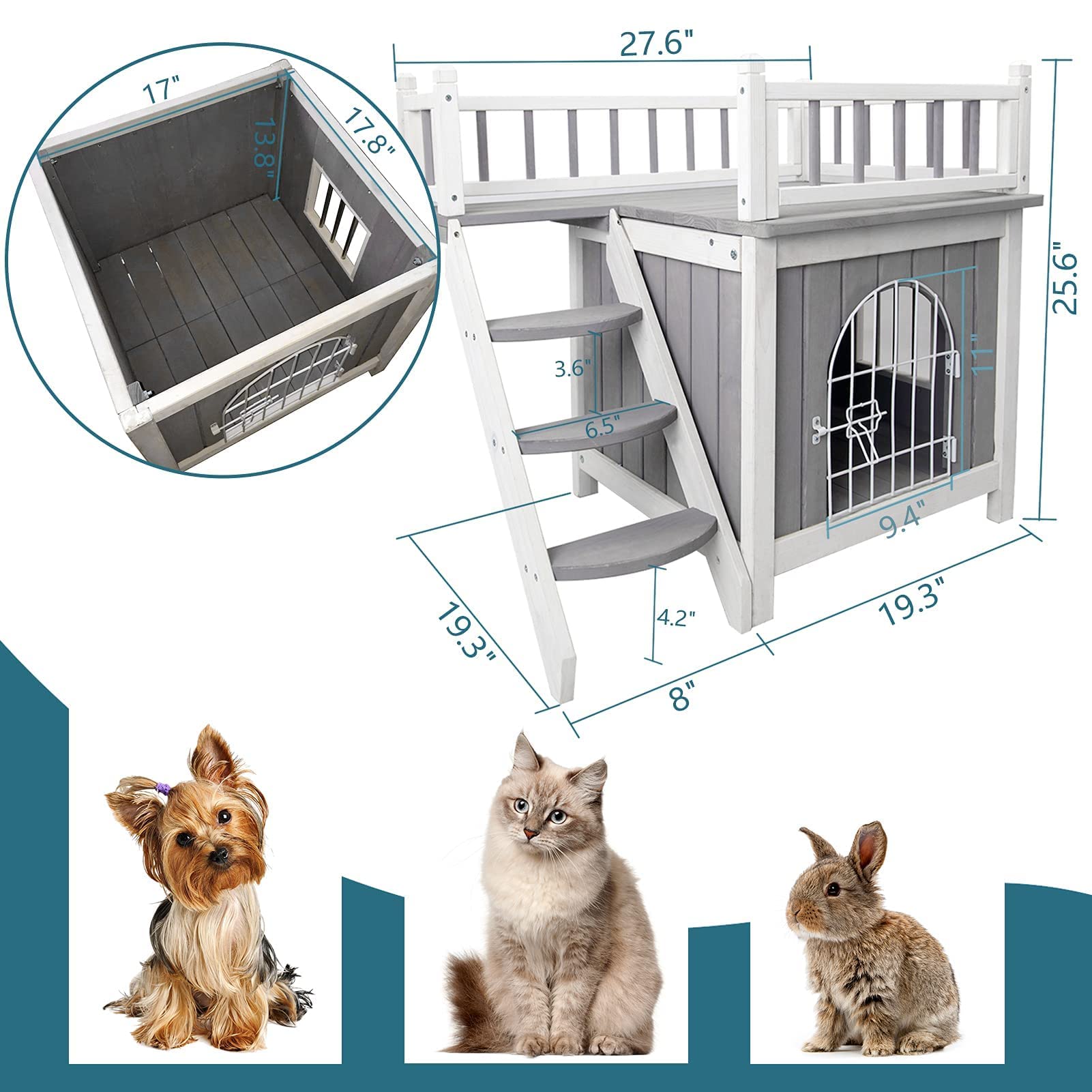 Petsfit 2-Level Indoor Cat House with Escape Door & Balcony - Multi-Functional Wooden Cat Condo for 1-2 Cats | Perfect for Indoor & Outdoor Use in Homes, Apartments & Backyards