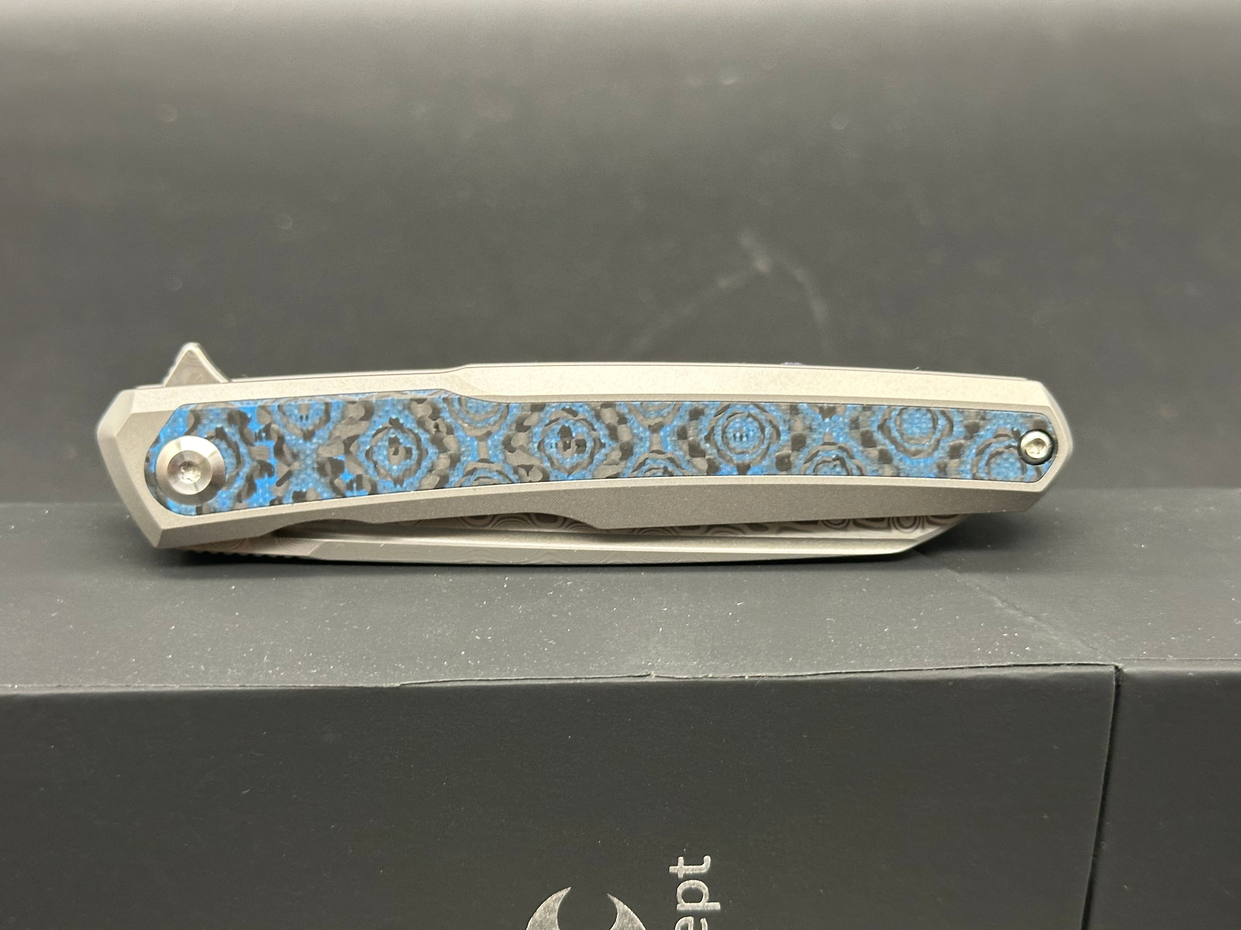 KANSEPT ARCUS Titanium Folding Knife with Blue Rose Carbon Fiber Handle & Damascus Blade - EDC, Camping, Hunting, Outdoor Survival Gear