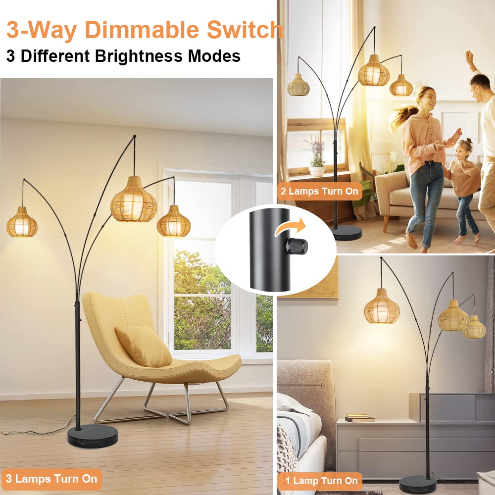 Depuley 3-Light LED Arc Floor Lamp - Adjustable Modern Standing Reading Light with Bamboo Shade & Marble Base, Tall Rattan Floor Lamp for Living Room, Bedroom, Office - E26 Bulbs Included - Perfect for Cozy Reading Nooks & Modern Home Decor