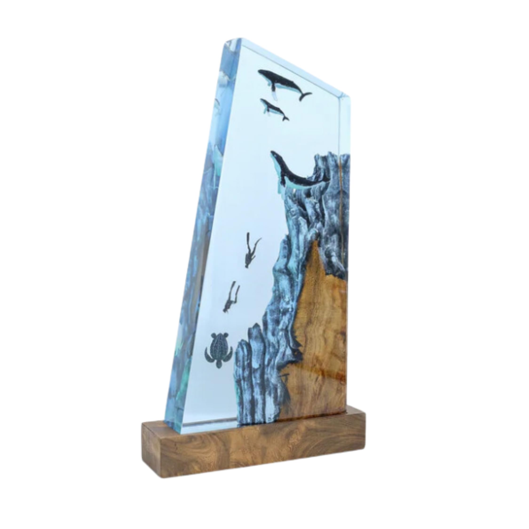 Handmade Epoxy Resin Lamp - Humpback Whales, Divers & Turtle Ocean Theme Diorama - 8x4 Inch Scuba Gift, Night Light for Bedroom, Living Room & Office Decor