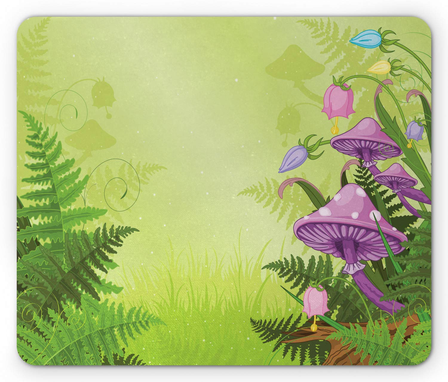 Ambesonne Mushroom Mouse Pad - Non-Slip Rubber Gaming Mousepad with Magic Forest Landscape Design, Cartoon Mushrooms & Flowers Print, Standard Size (Green & Purple) - Perfect for Office, Gaming & Computer Workstations