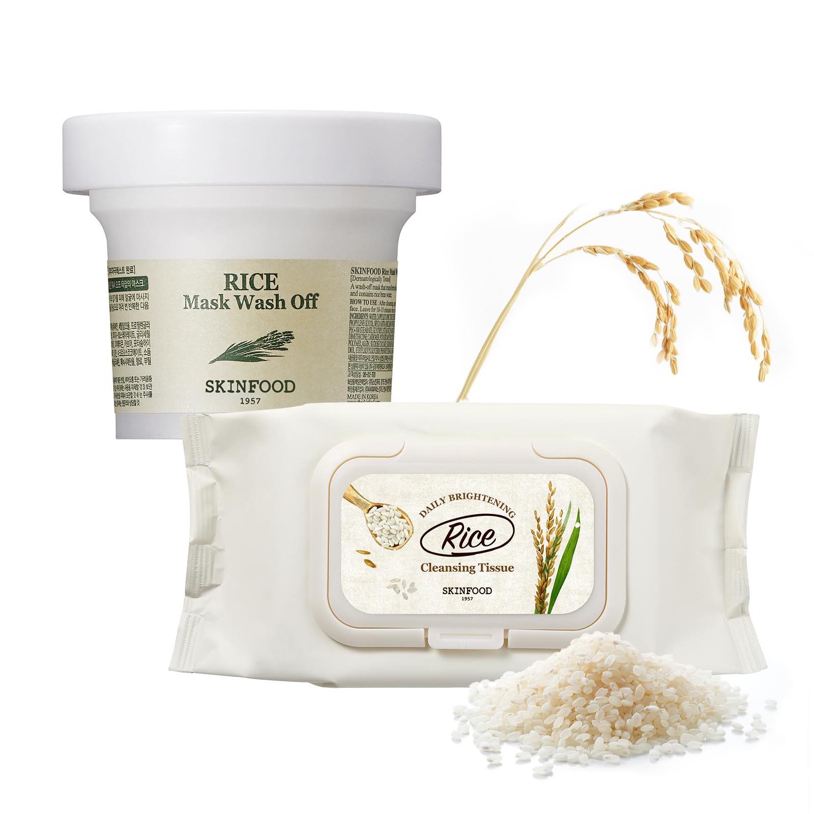 SKINFOOD Rice Mask Wash Off 3.5oz - Gentle Exfoliating & Nourishing Face Mask with Rice Daily Brightening Cleansing Tissues (80 Sheets) for Radiant Skin - Korean Skincare for Dry, Dull Skin - Perfect for Morning & Night Routine