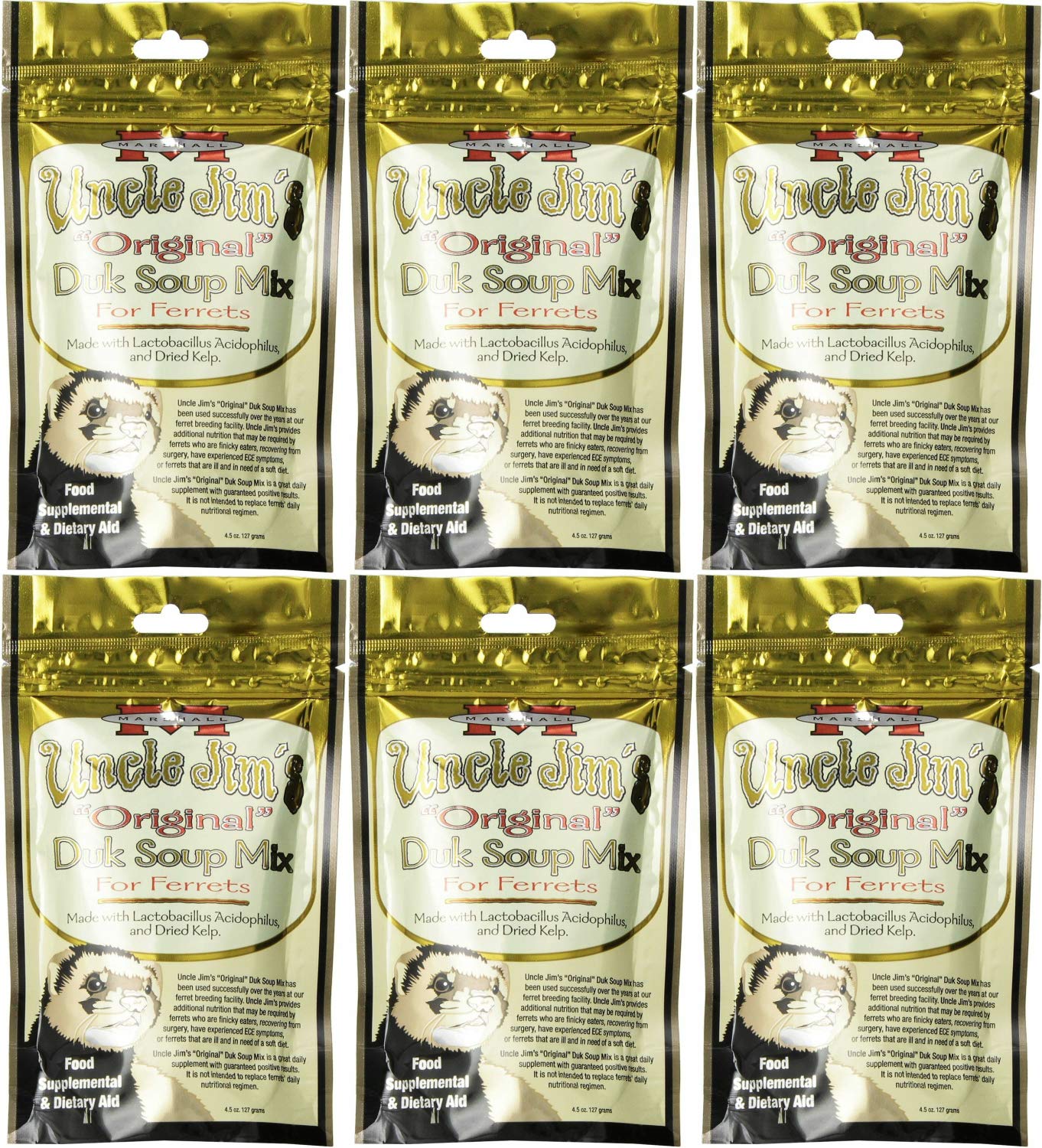 **Marshall Uncle Jim's Original Duk Soup Mix for Ferrets – 1.69Lb (6 x 4.5oz) – High-Protein Ferret Food Supplement for Digestive Health – Perfect for Picky Eaters & Senior Ferrets**