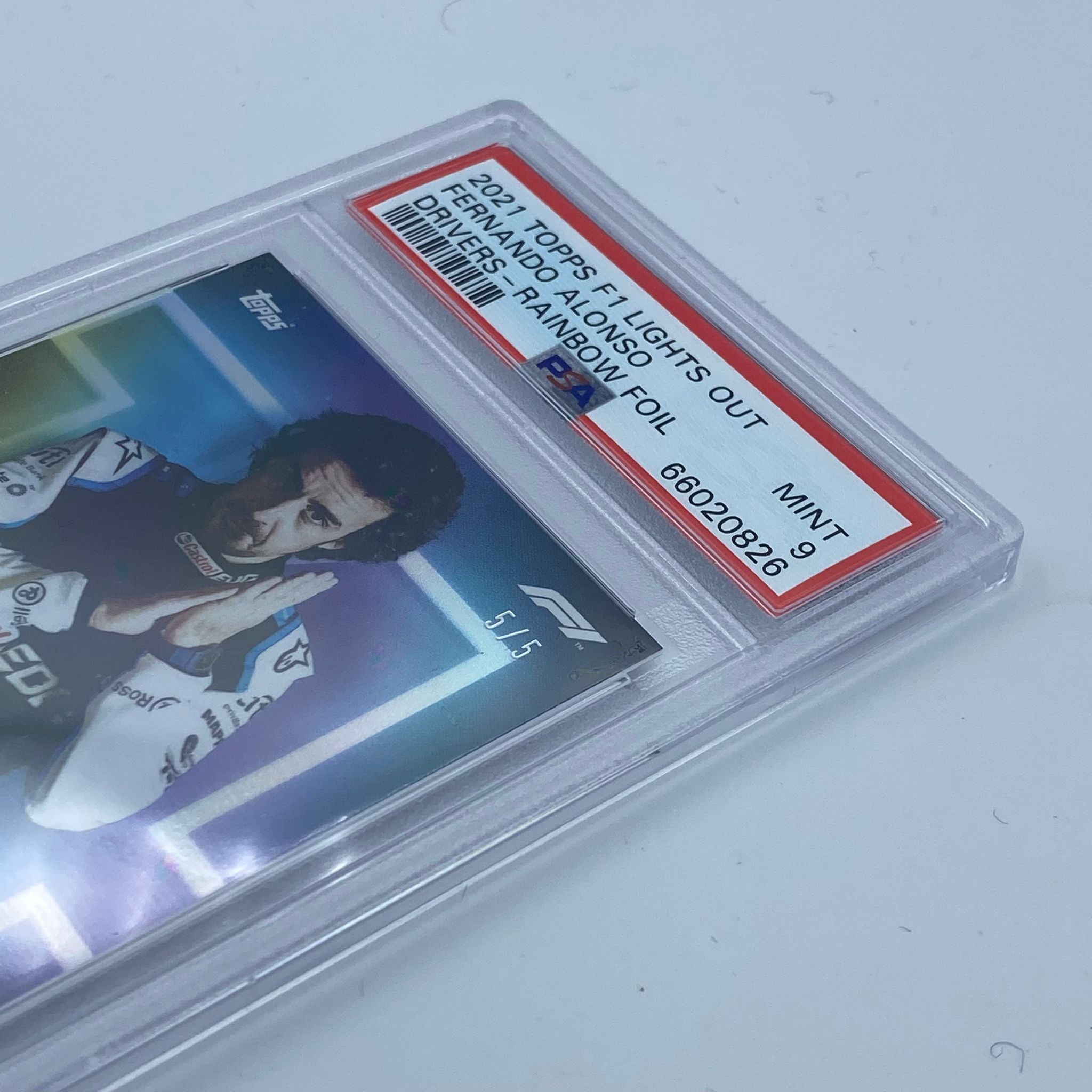 PSA 9 Graded Fernando Alonso 5/5 Drivers Rainbow Foil Trading Card - Perfect for F1 Collectors, Sports Memorabilia Displays & Investment Collections