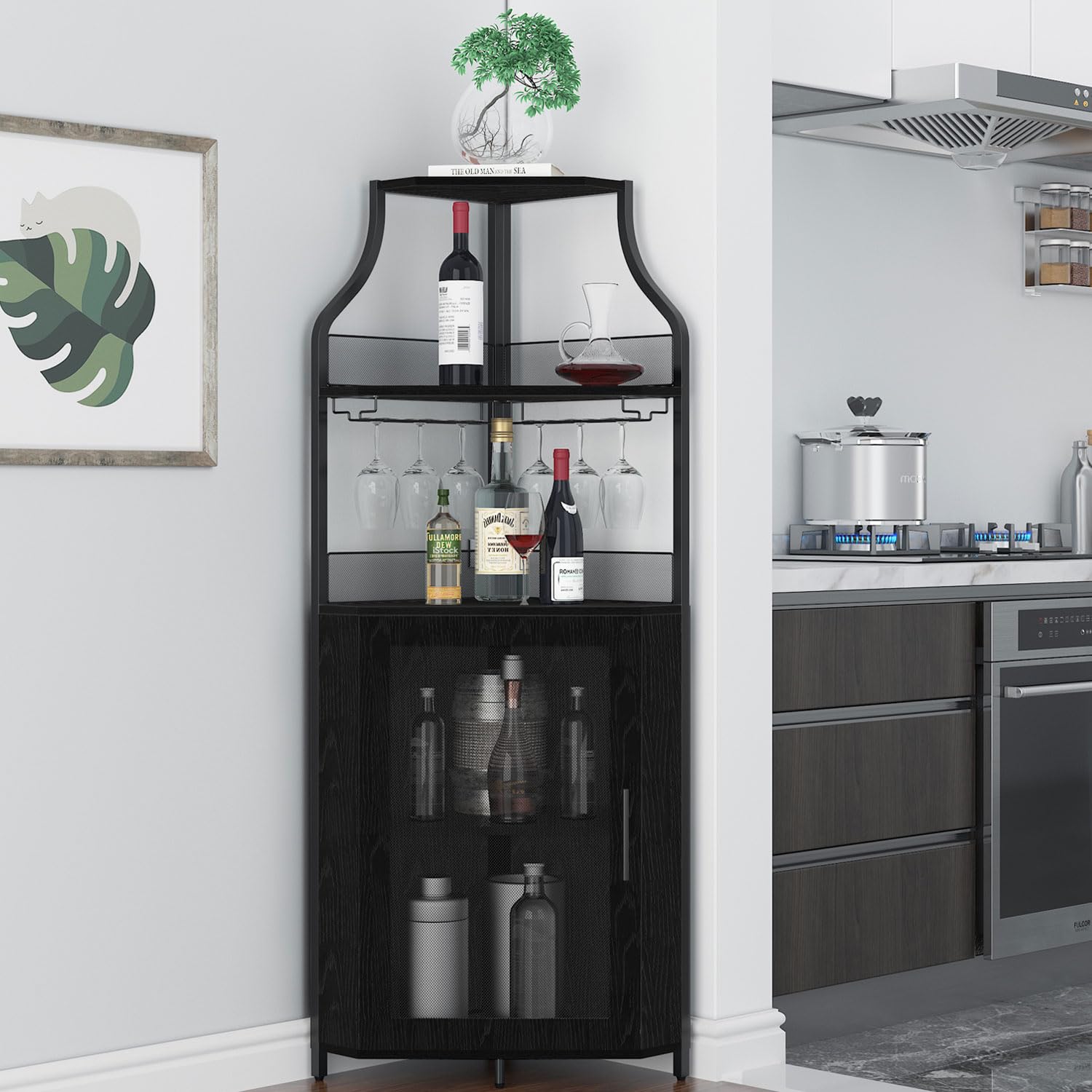 GAOMON 4-Tier Corner Wine Bar Cabinet - Large Storage Space with Removable Wine Rack, Coffee Bar Cabinet with Glass Holder & Mesh Door - Perfect for Home Bar, Kitchen, Dining Room & Entertainment Areas - Black