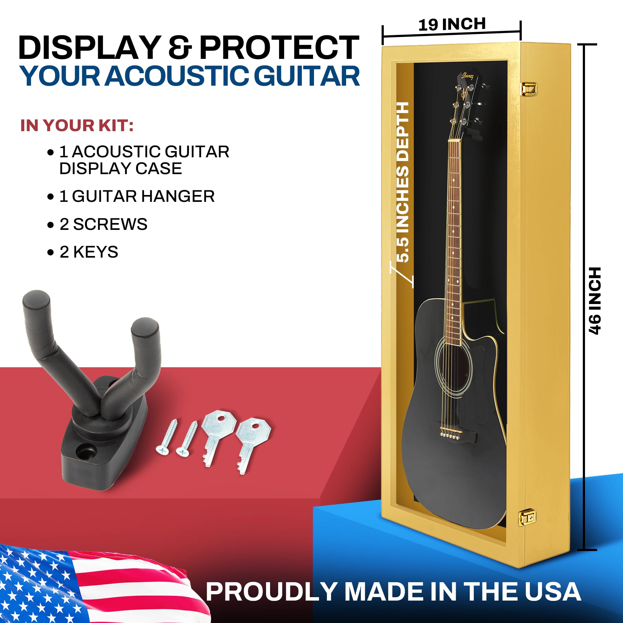Premium Acoustic Guitar Display Case - Clear Acrylic Wall Mount with Hardwood Frame - Golden Oak & Black Felt Interior - Perfect for Home, Studio, or Music Store Showcase