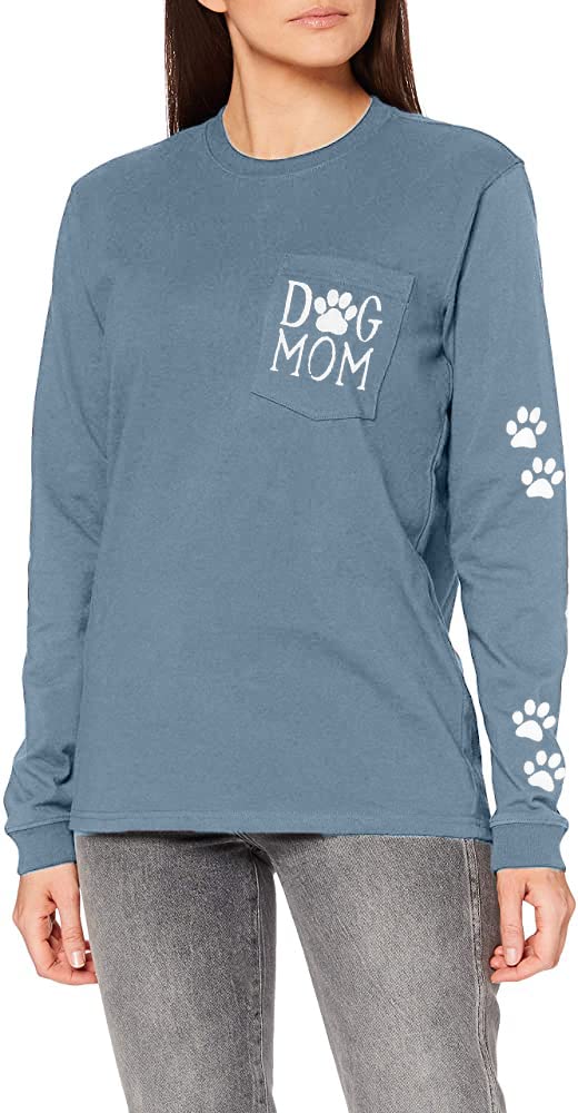 Dog Mom Pullover Sweatshirt - Women's Cute Dog Lover Graphic Tee with Paw Print Design & Patch Pocket, Long Sleeve Casual Shirt - Perfect for Dog Walks, Pet Lover Gifts & Cozy Outfits