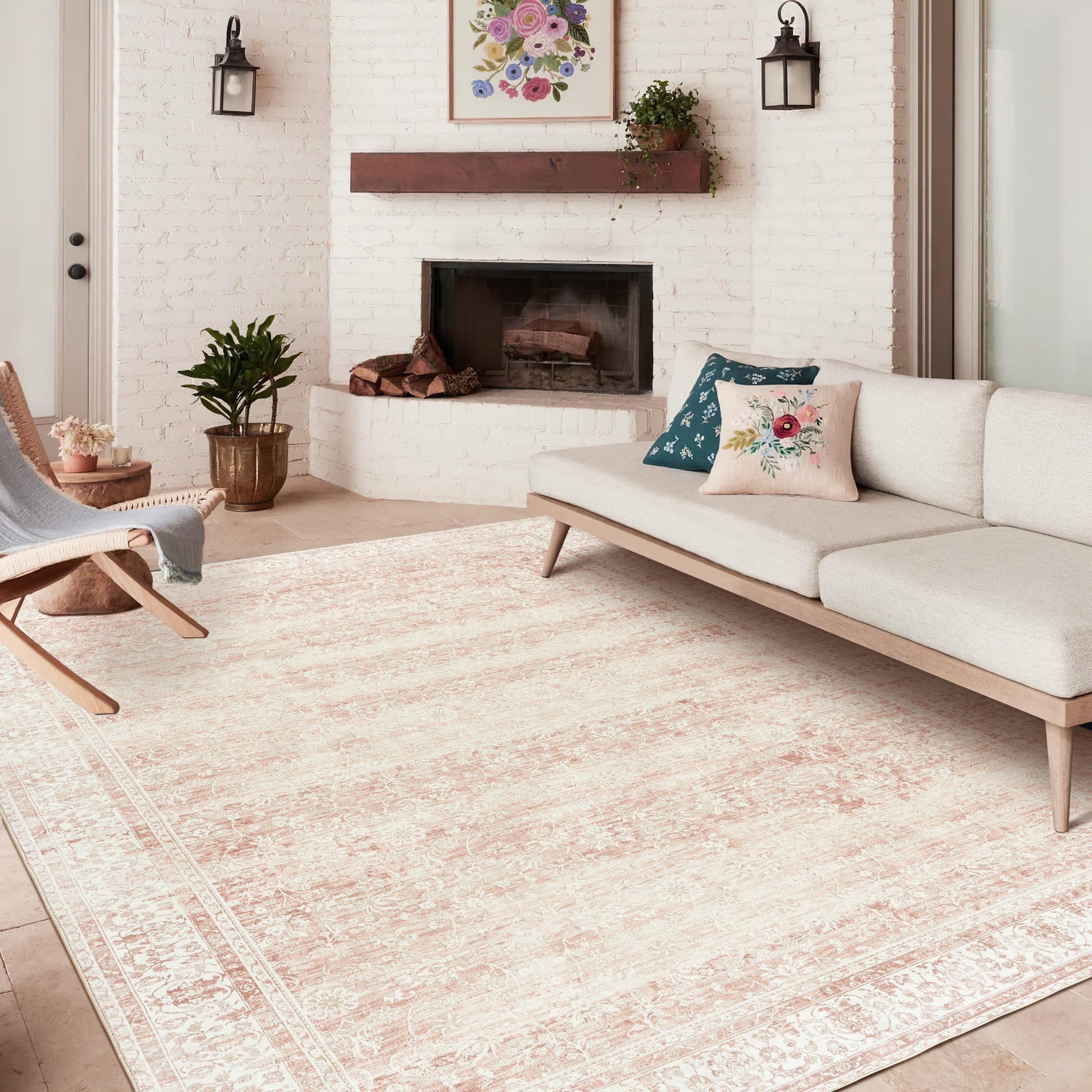 Light Pink 6x9 Bedroom Rug - Soft Faux Wool Machine Washable Boho Floral Carpet for Girls Room, Nursery, Playroom & Office | Aesthetic Feminine Home Decor