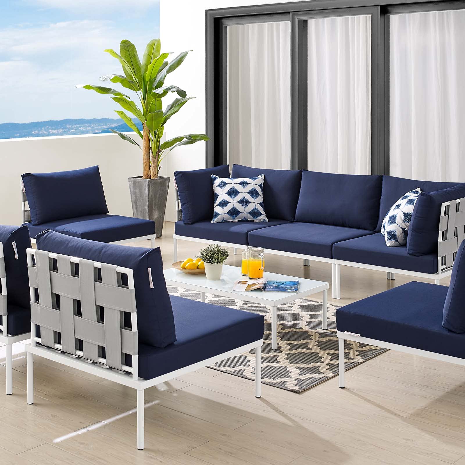 Modern Outdoor Lounge Sectional Sofa Set with Aluminum Frame - Grey & Navy Patio Furniture for Backyard, Garden, Poolside Relaxation