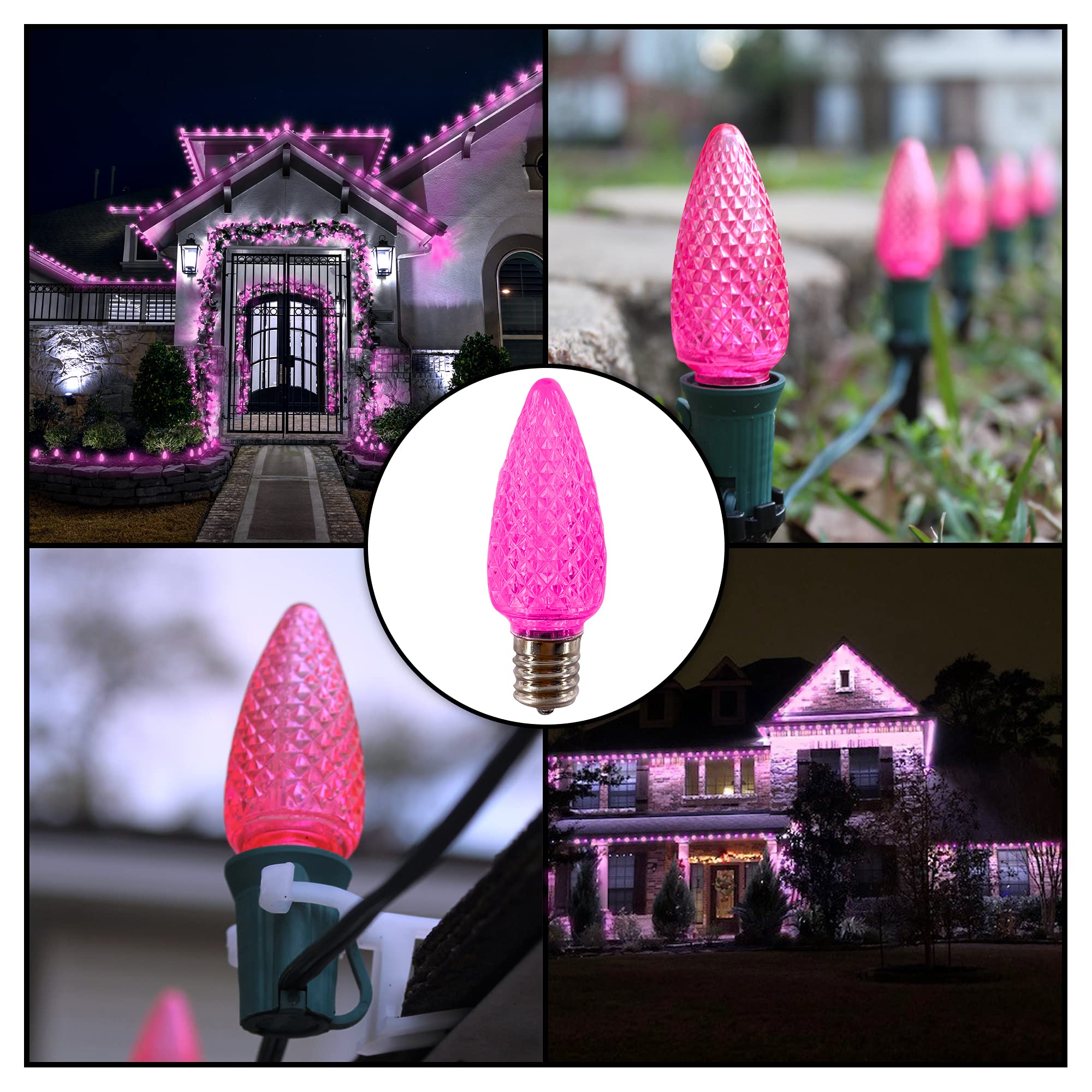 25-Pack C9 LED Pink Christmas Light Bulbs - Faceted Candle Shape, E17 Base, Commercial Grade for Indoor/Outdoor Holiday Decorations - Perfect for Roof Lights, Tree Trimming, and Festive Home Lighting
