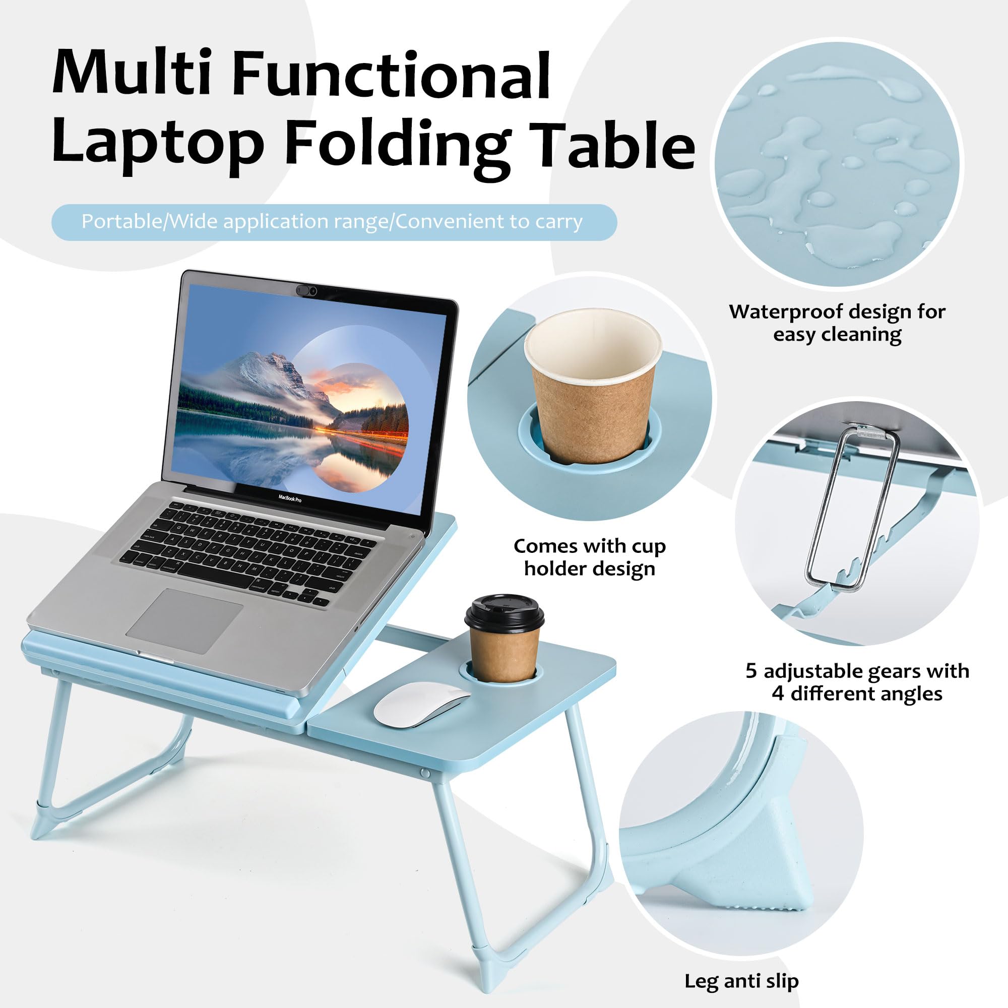 Adjustable Foldable Laptop Desk Tray - Portable Bed Table with Cup Holder for Notebook, Reading & Working on Bed, Couch, Sofa | Perfect for Home Office, Study, Picnic & Dining (Blue)