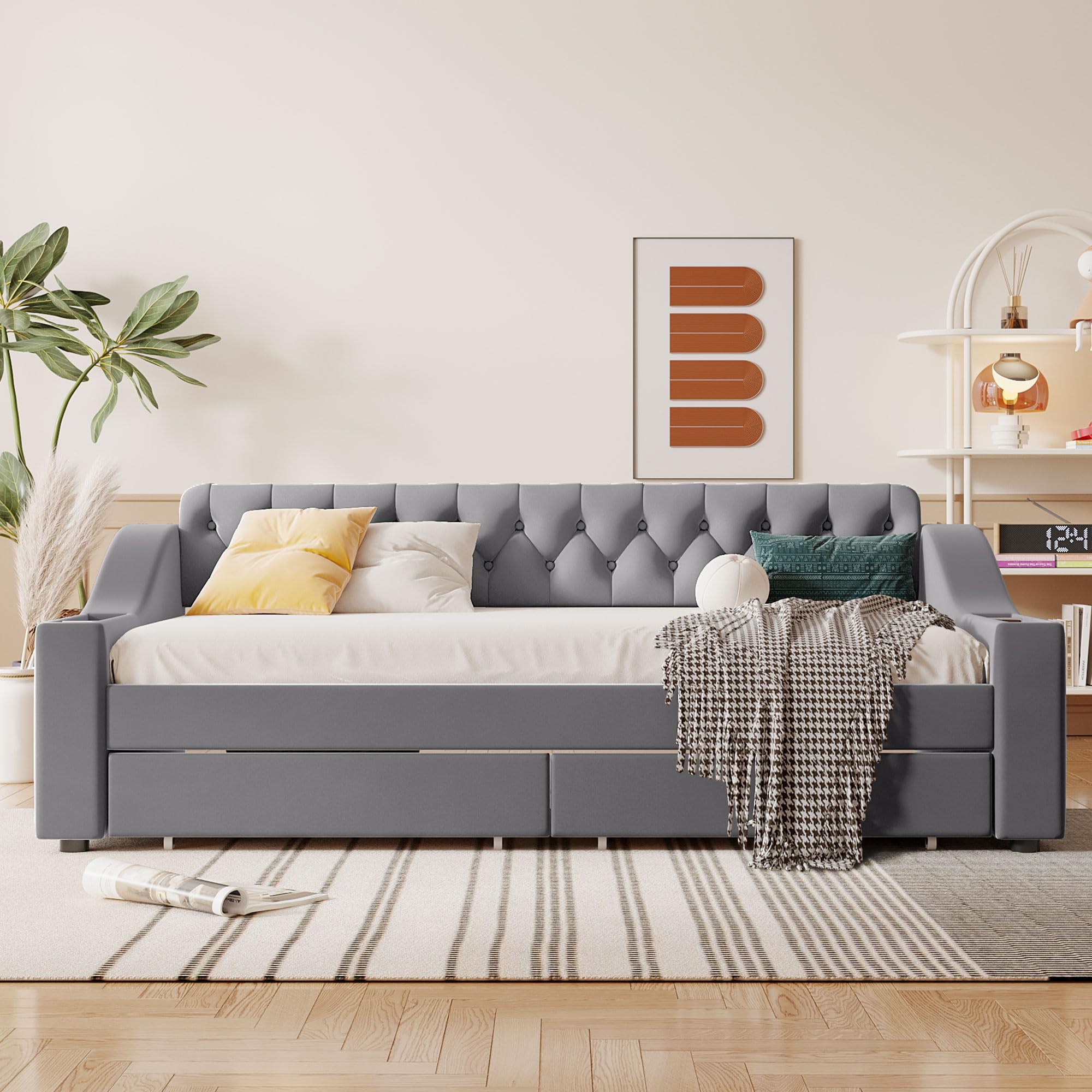 Twin Size Upholstered Daybed with Storage Armrests, 2 Drawers & USB Port - Modern Velvet Fabric Sofa Bed Frame with Side Pockets for Bedroom, Living Room or Guest Room - Gray (Perfect for Small Spaces, Studio Apartments & Multi-Functional Furniture Needs)
