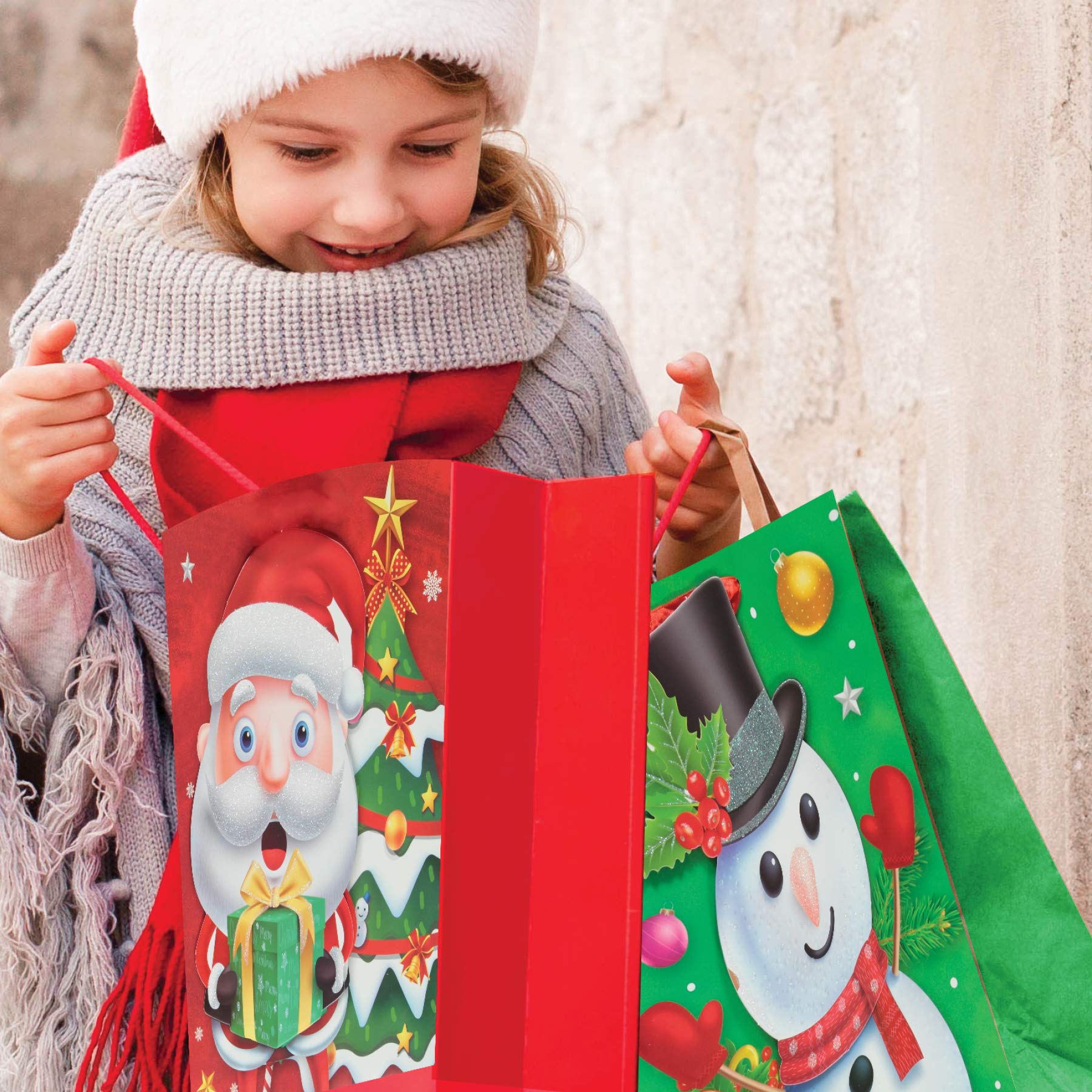 Neliblu Mega Pack of 12 Large Christmas Gift Bags - Traditional Holiday Character Design for Xmas Presents - Perfect for Holiday Parties, Gift Exchanges & Festive Wrapping