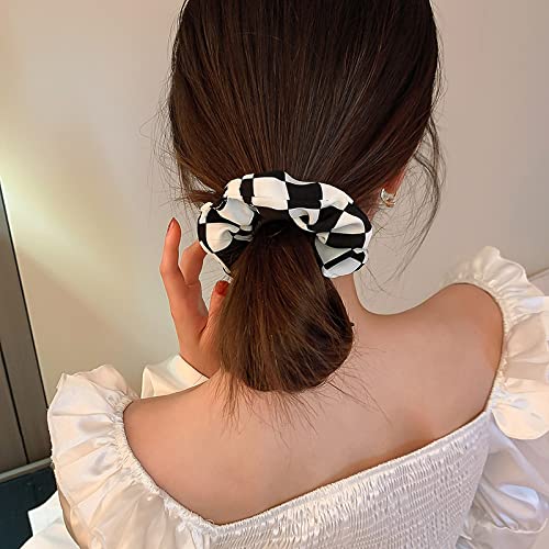 Plaid Hair Scrunchies for Women - 3 Pack Black & White Checkered Hair Ties, Ponytail Holders, Hair Bands for Girls | Perfect for School, Work, Gym and Everyday Hair Accessories