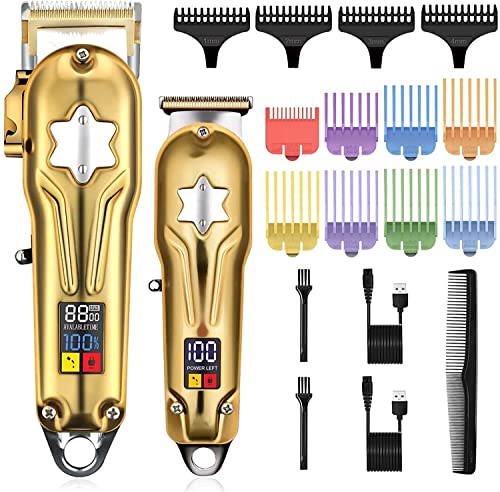 Professional Cordless Hair Clippers for Men - 2 Piece Hair Cutting Kit with T-Blade Trimmer & LED Display | Home Barbering, DIY Grooming, Family Haircuts (Color B)