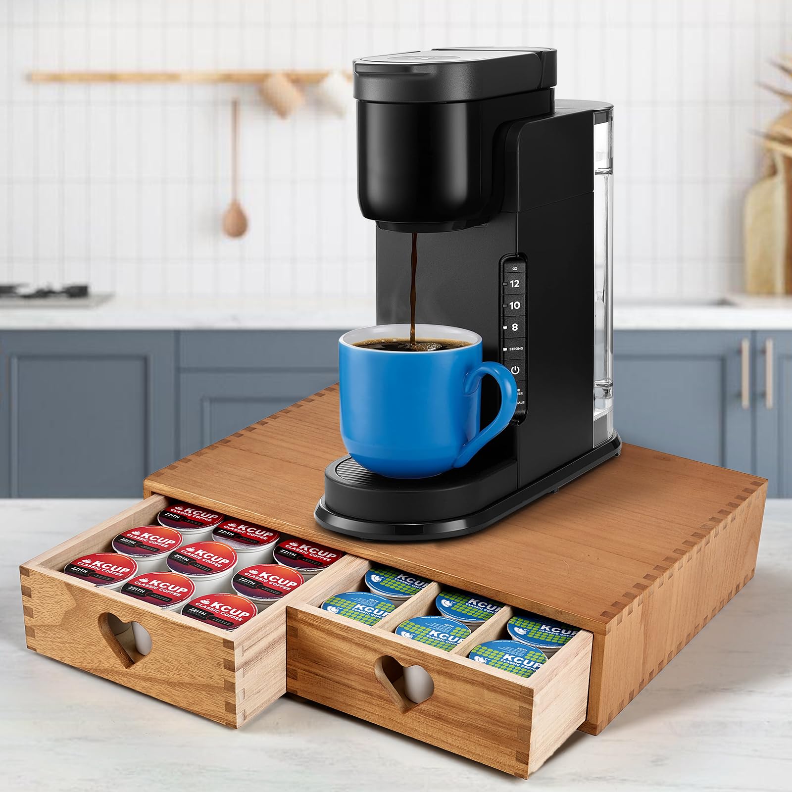 Wooden K Cup Holder & Drawer Organizer - 30 Pod Capacity, Tea Bag Storage for Kitchen, Office & Coffee Bar - Perfect for Keurig Pods & Tea Bags Organization