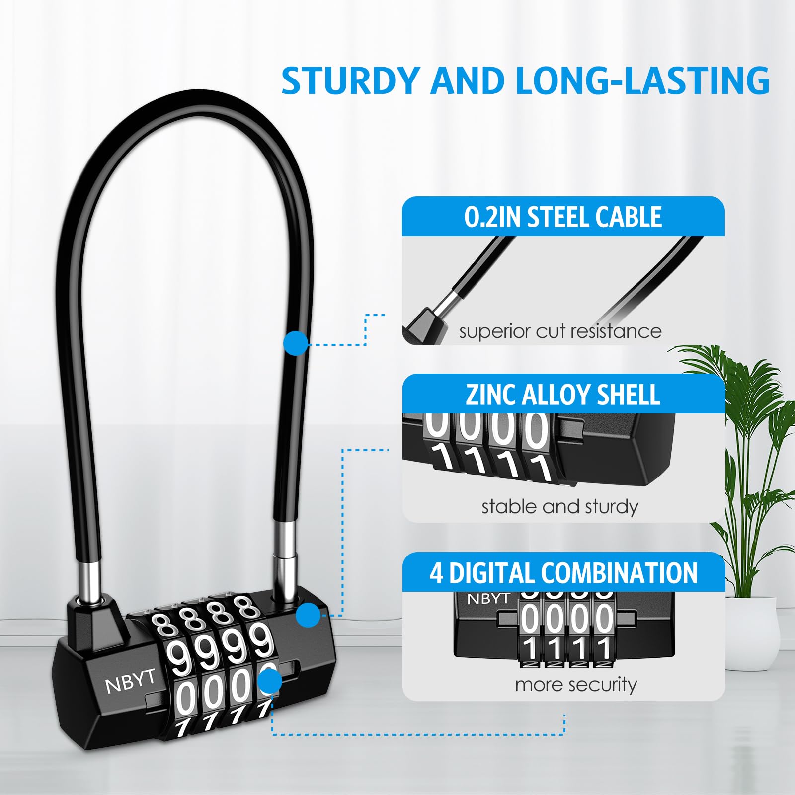 Waterproof 4-Digit Resettable Combination Padlock with 3.5